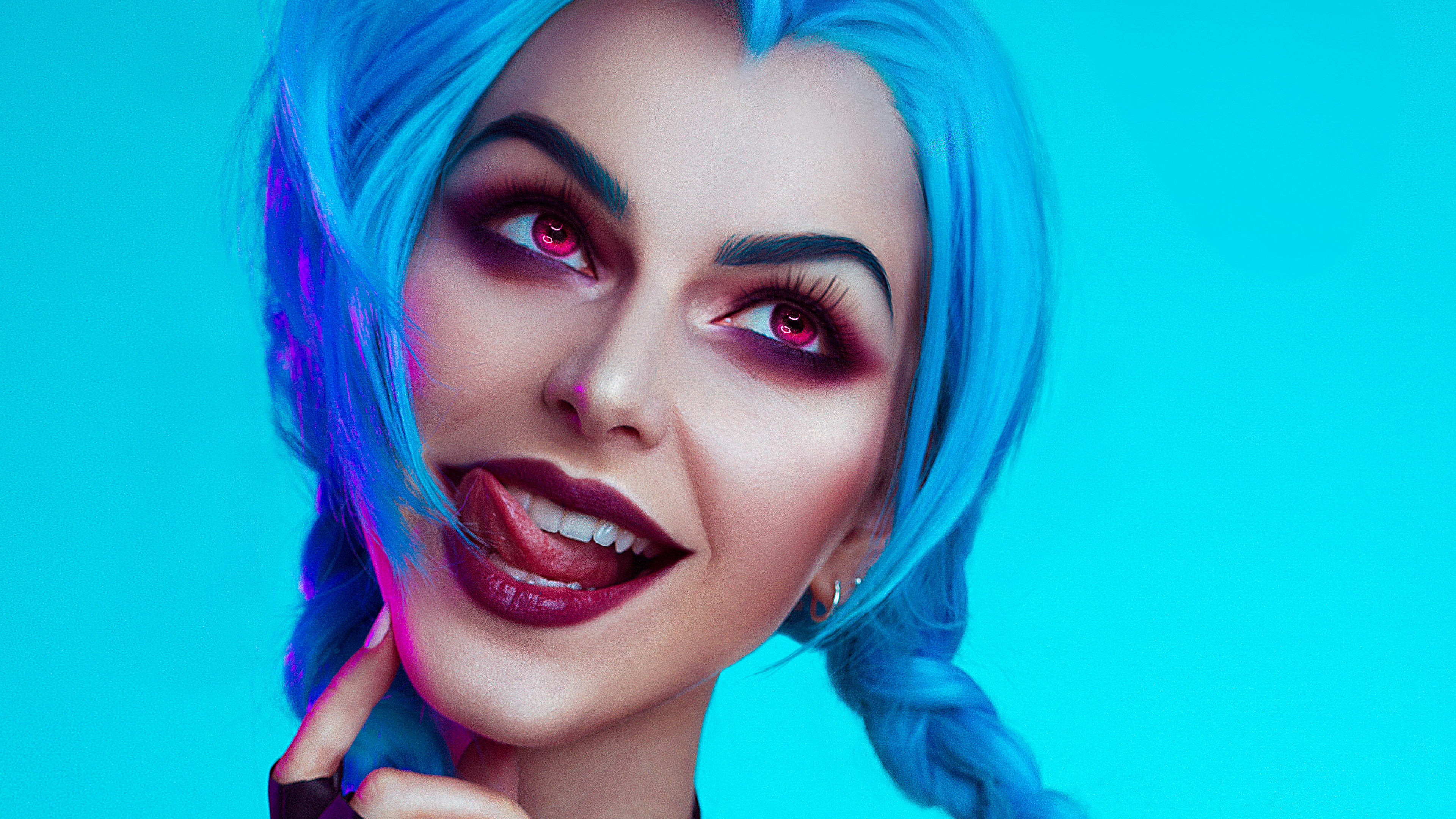Cosplay Women League Of Legends Jinx Photoshop Twintails Simple Background Tongue Out Katie Kosova 3840x2160