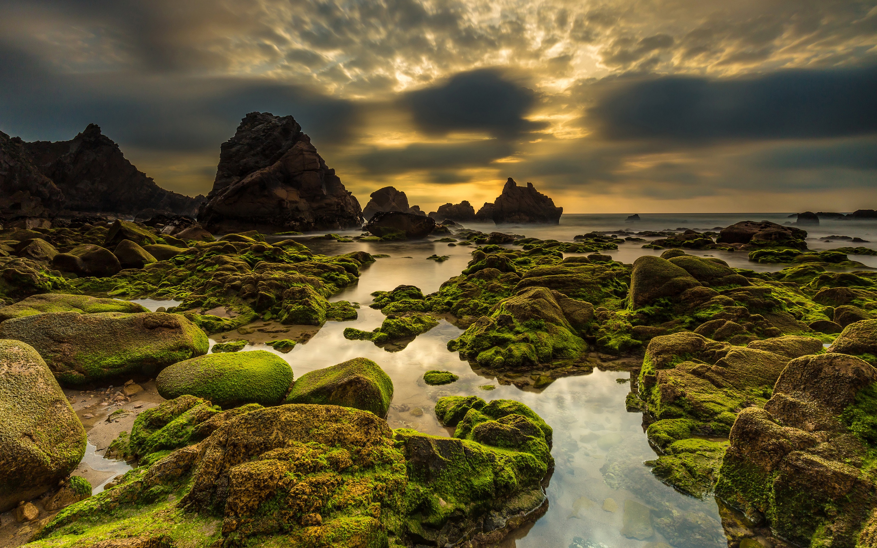 Horizon Moss Portugal Rock Seascape Sunset 3000x1875