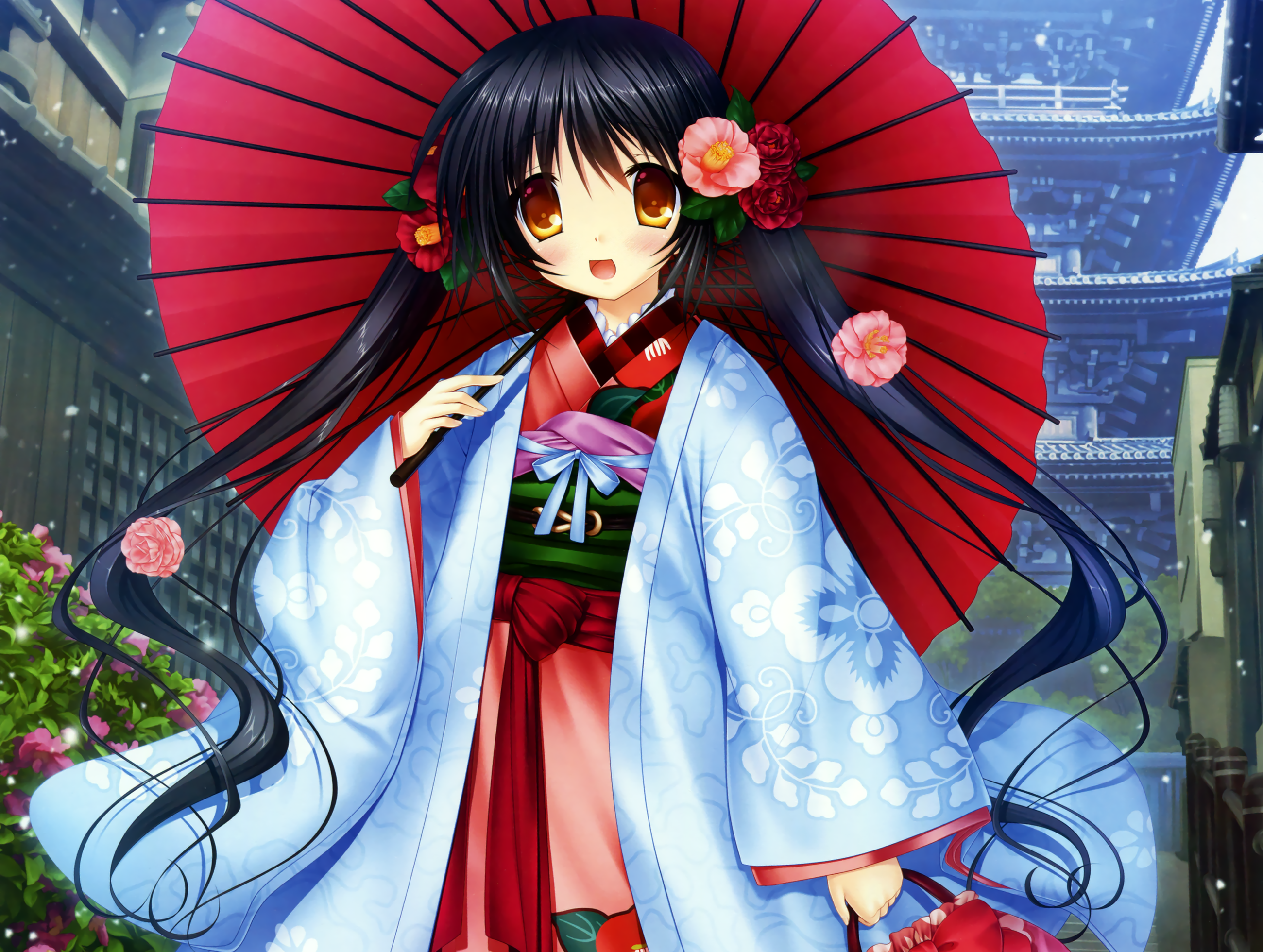 Black Hair Blush Flower Kimono Long Hair Orange Eyes Parasol Smile Snow Twintails 2600x1960