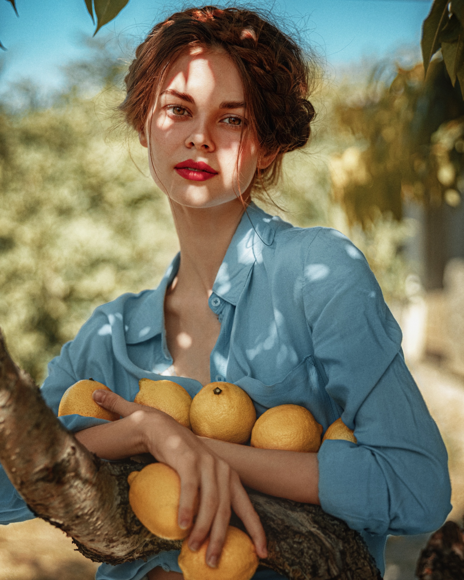 Women Model Food Fruit Red Lipstick Looking At Viewer Women Outdoors Outdoors Makeup Brunette Lemons 1600x2000