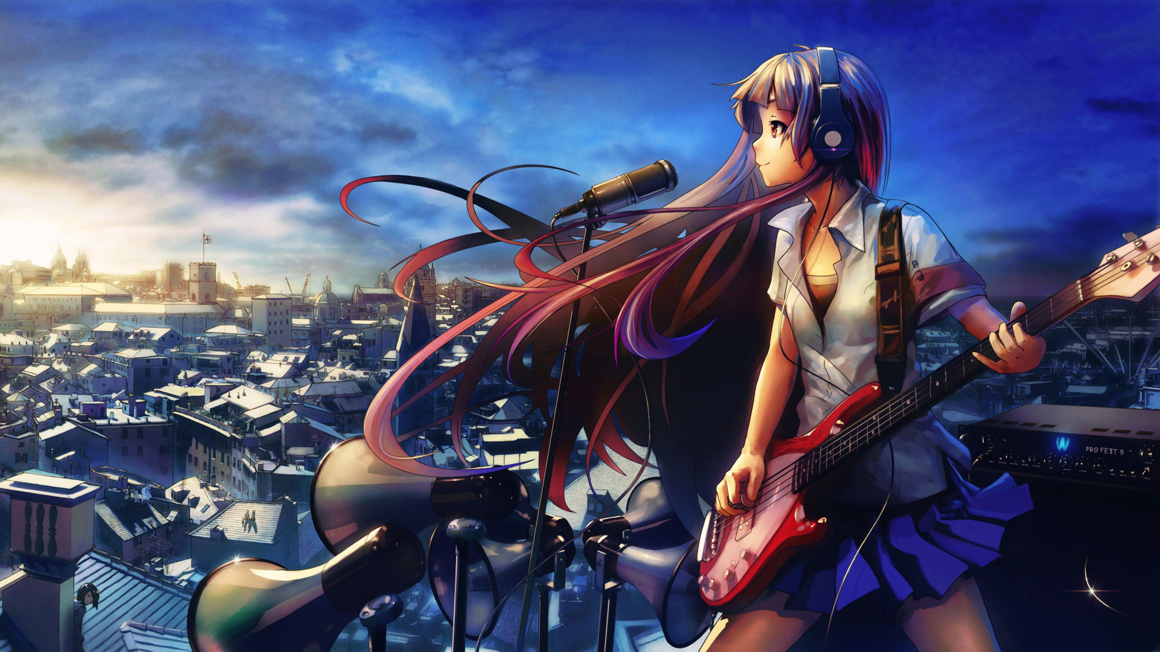 Anime Anime Girls Microphone Headphones Bass Guitars Guitar Cityscape Izechou 3840x2160
