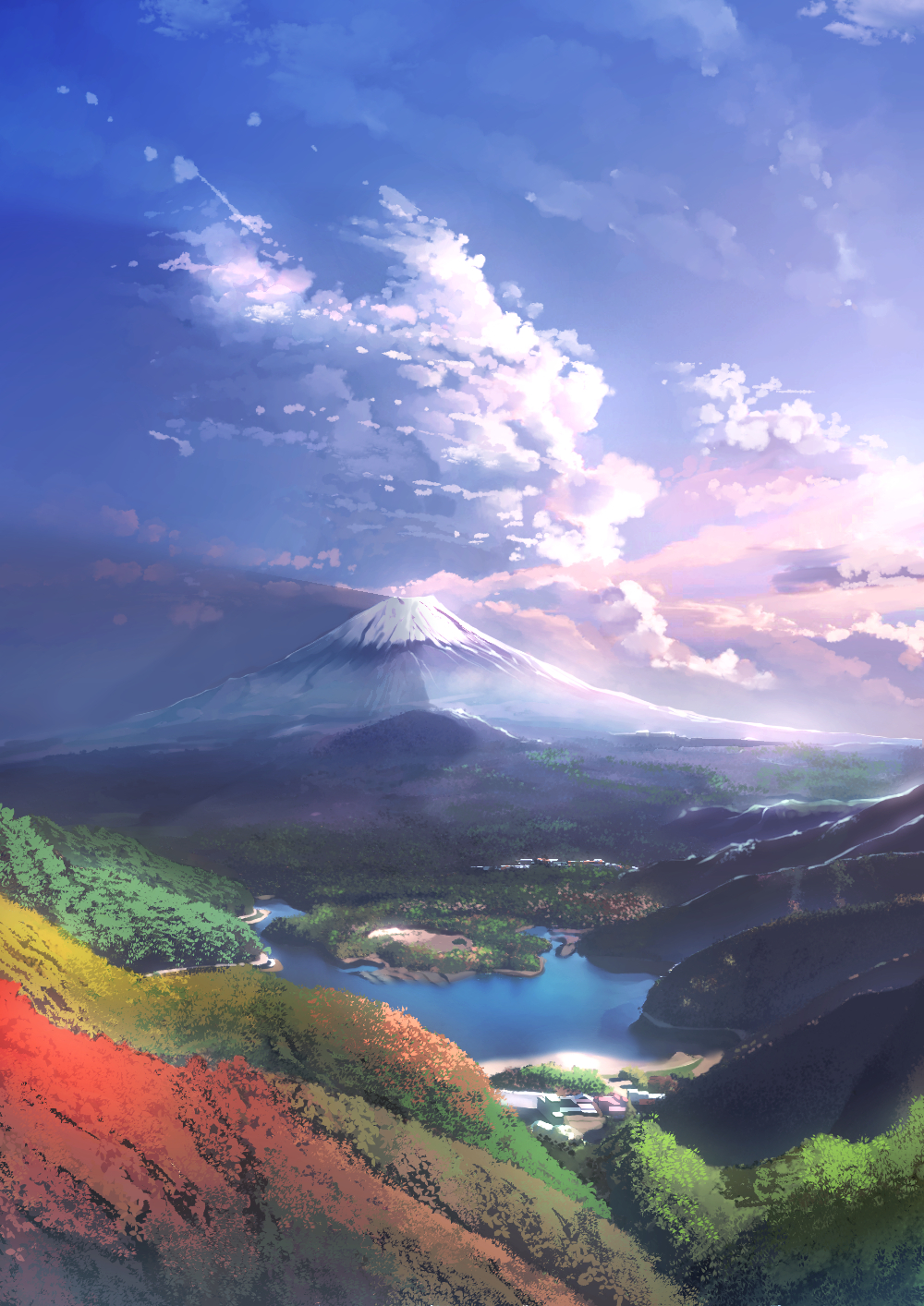 Landscape Digital Art Artwork Mount Fuji Sky Clouds Lake 1000x1414