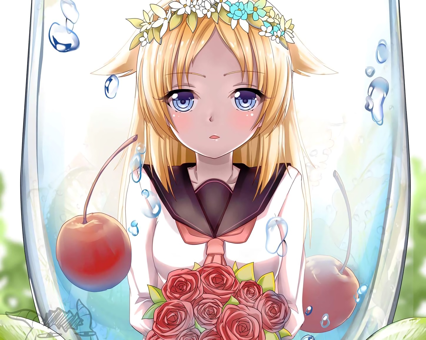 Blonde Blue Eyes Blush Cherry Flower Girl Long Hair Original Anime Rose School Uniform 1448x1158