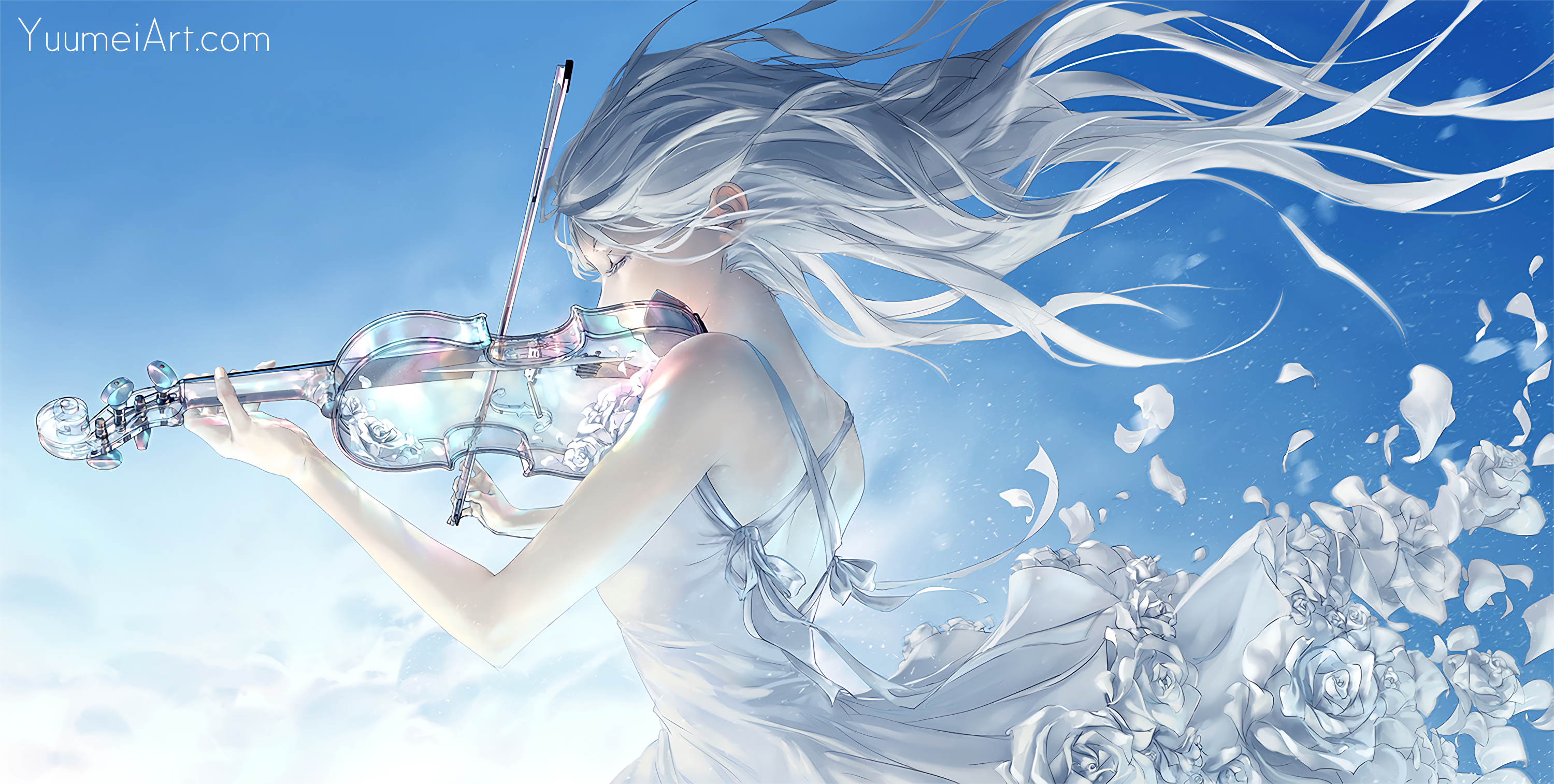 Girl Original Anime Violin Violinist White Hair 3000x1514