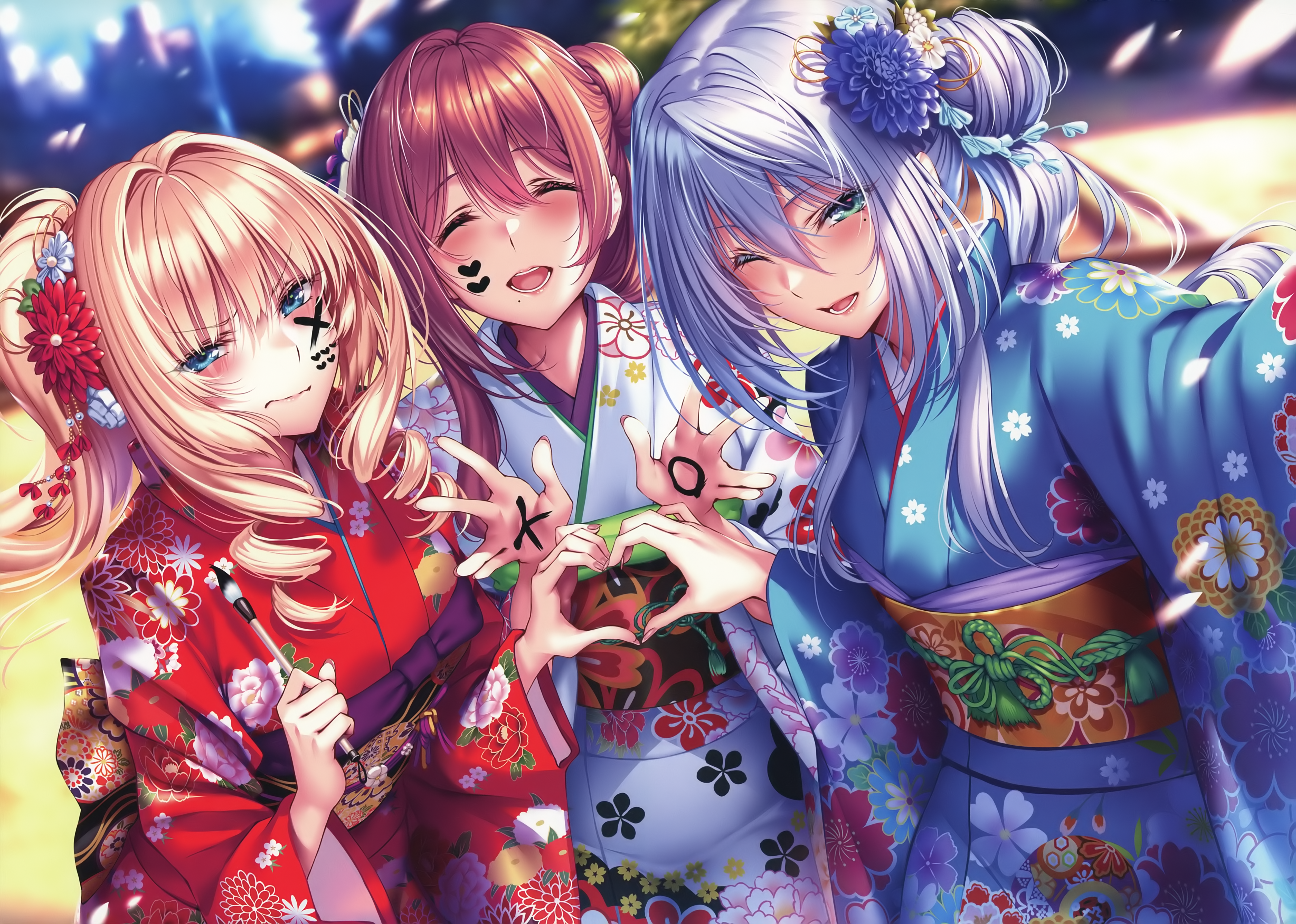Anime Girls Piromizu New Year Japanese Clothes Kimono Blushing Selfies Hanikami Kanojo 5047x3600