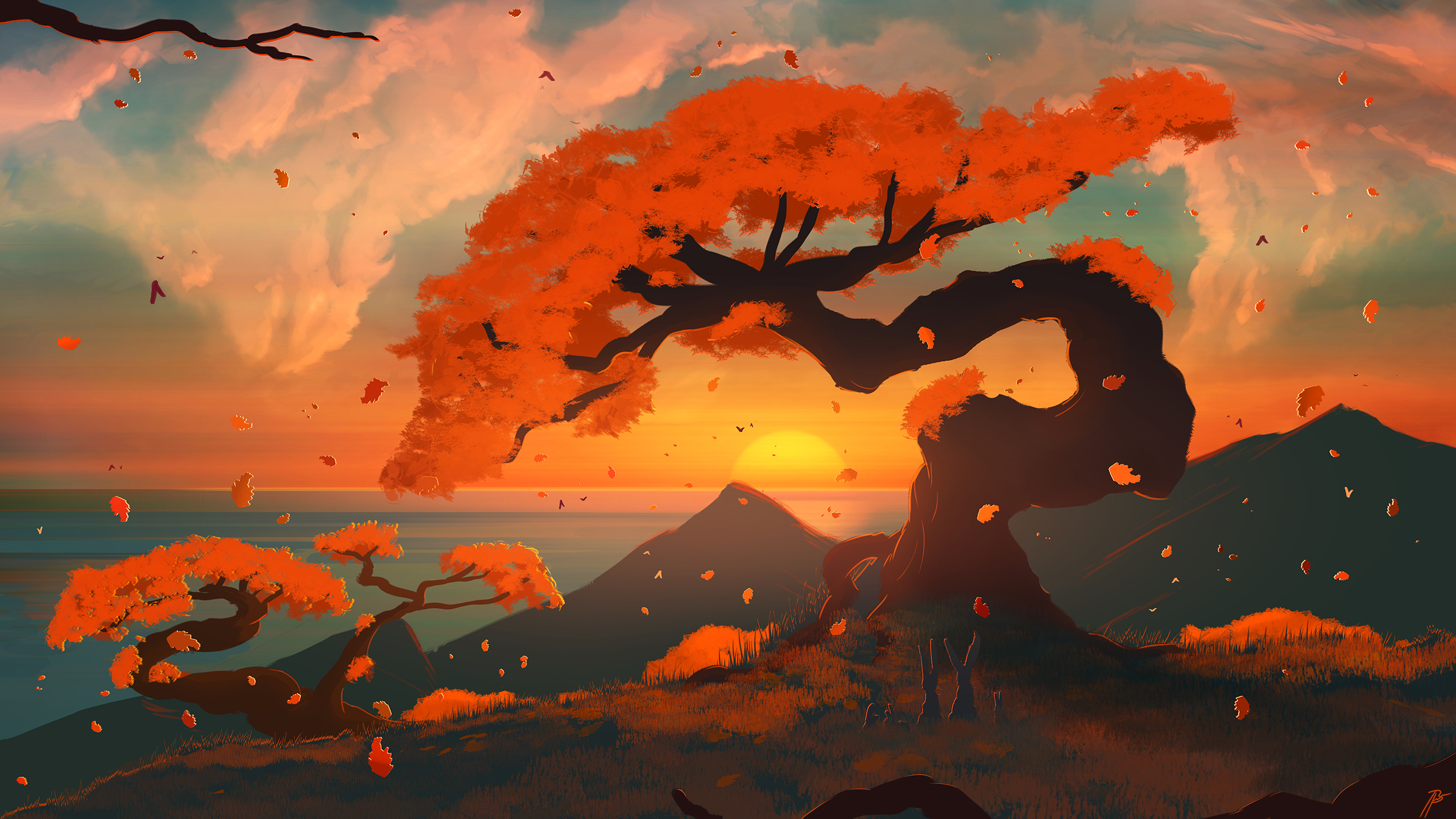 JoeyJazz Landscape Fall Digital Painting Trees Sun Horizon Fallen Leaves Roots 2560x1440