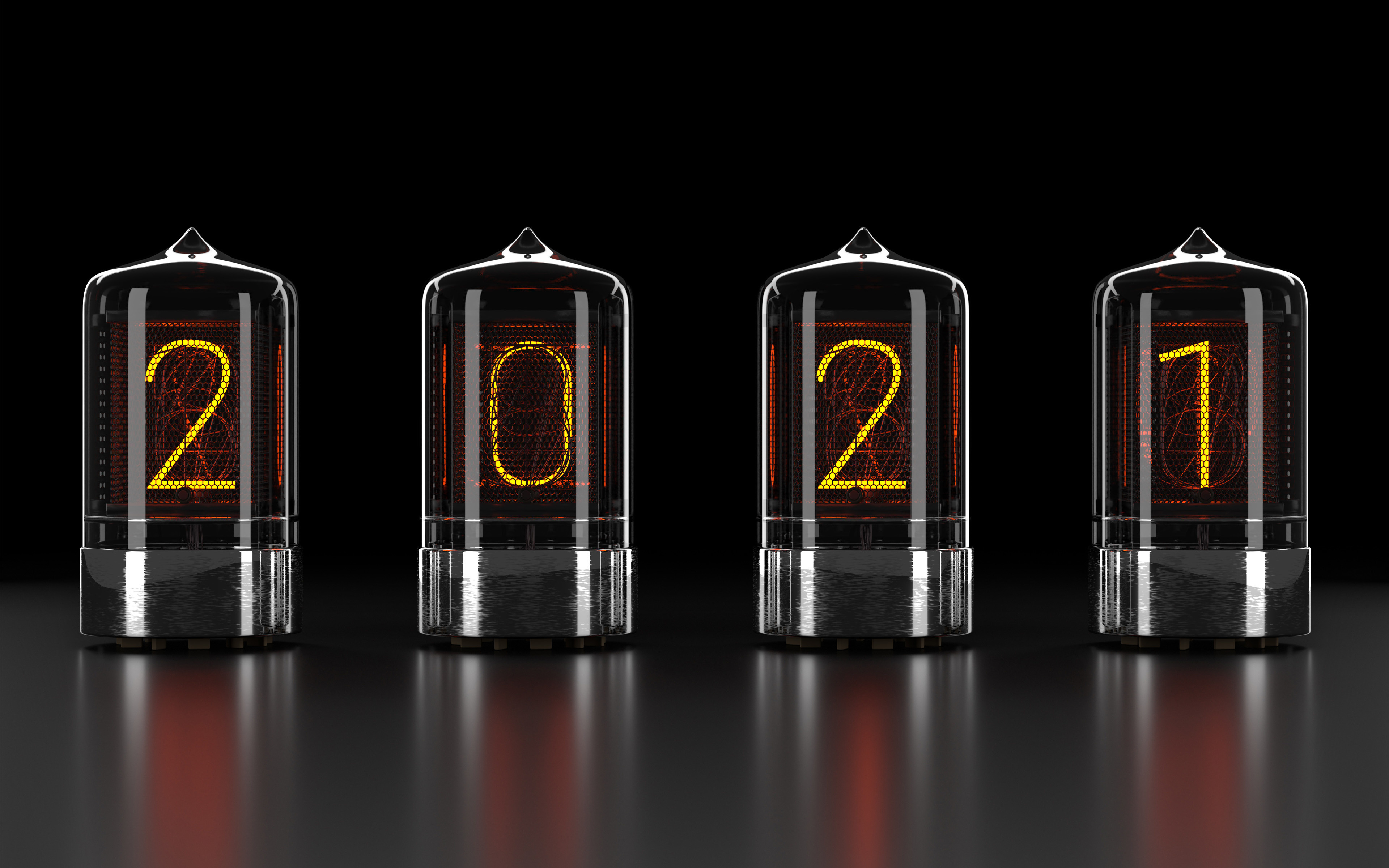 2021 Year Digital Art Display Unit Vacuum Tubes Numbers Reflection Black Background 3840x2400