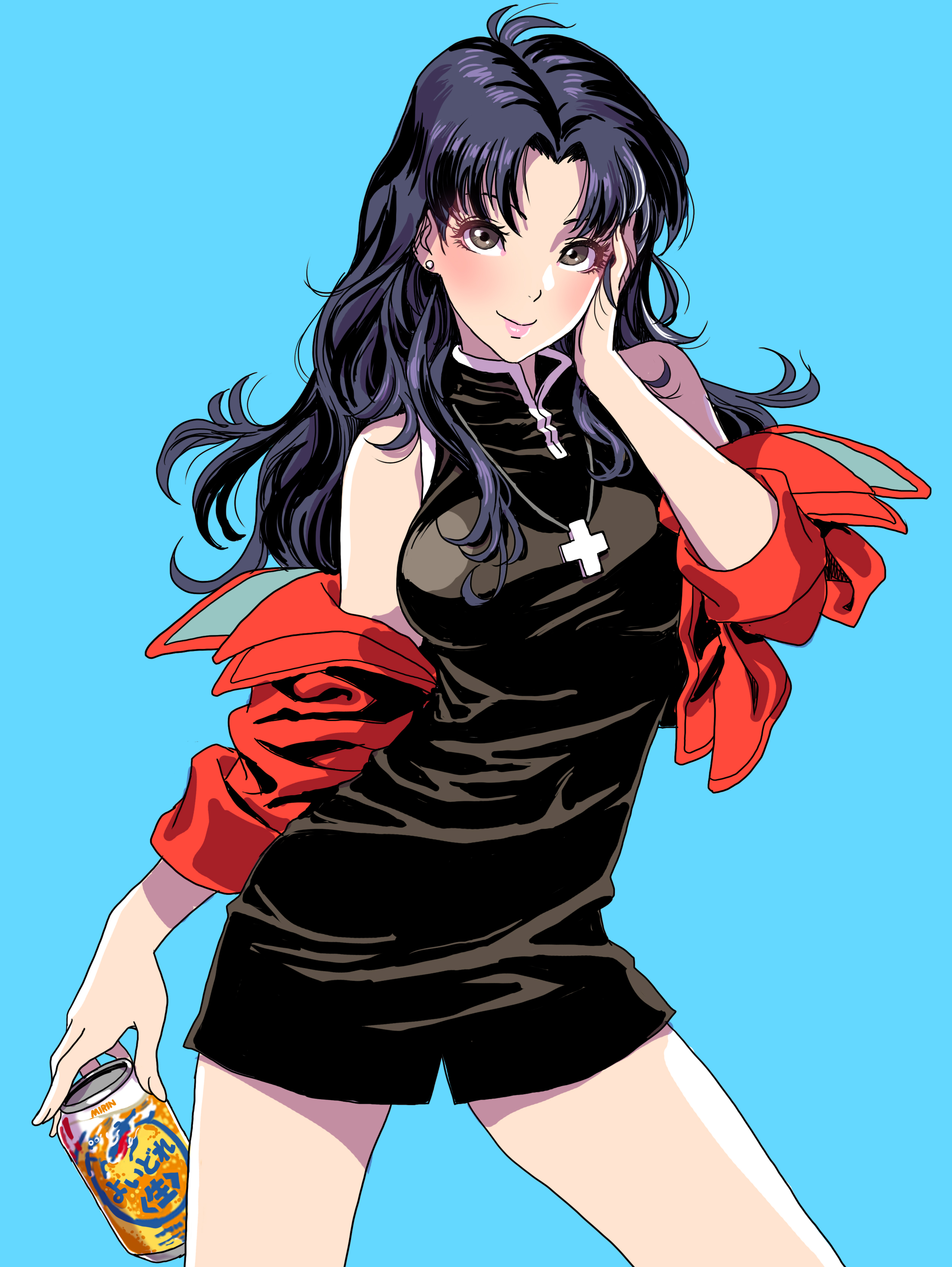Katsuragi Misato Neon Genesis Evangelion Red Jackets Black Dress Cross Beer Long Hair Blue Hair Simp 2544x3387