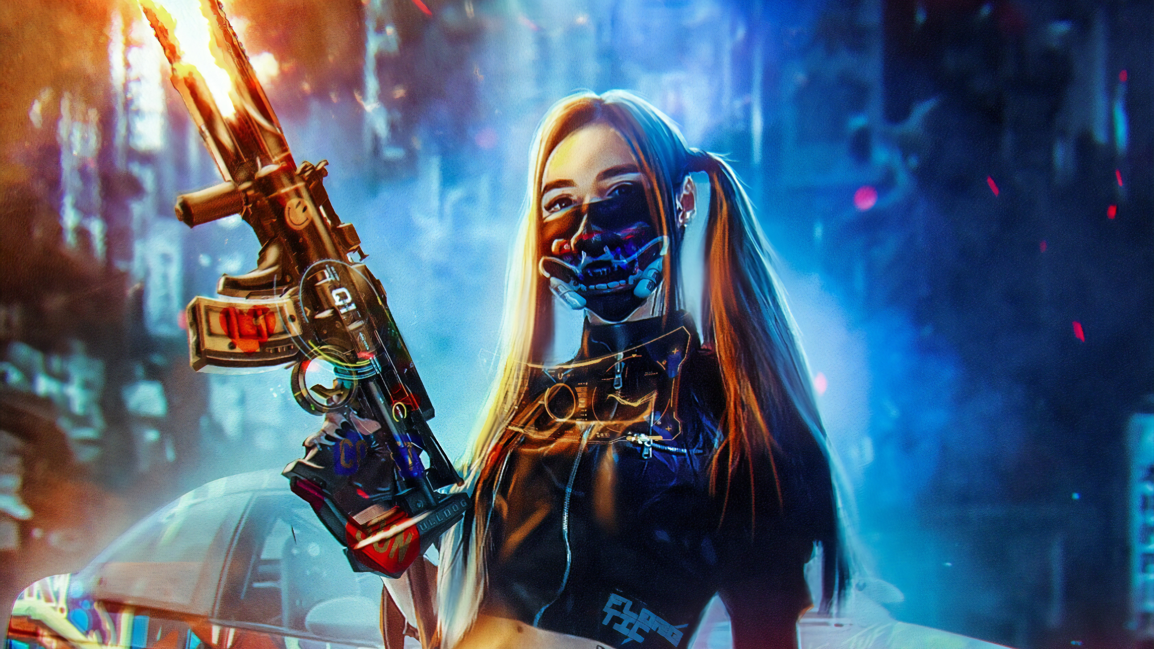 Anarchy Assault Rifle Cyberpunk Girl Long Hair Twintails Weapon 3840x2160