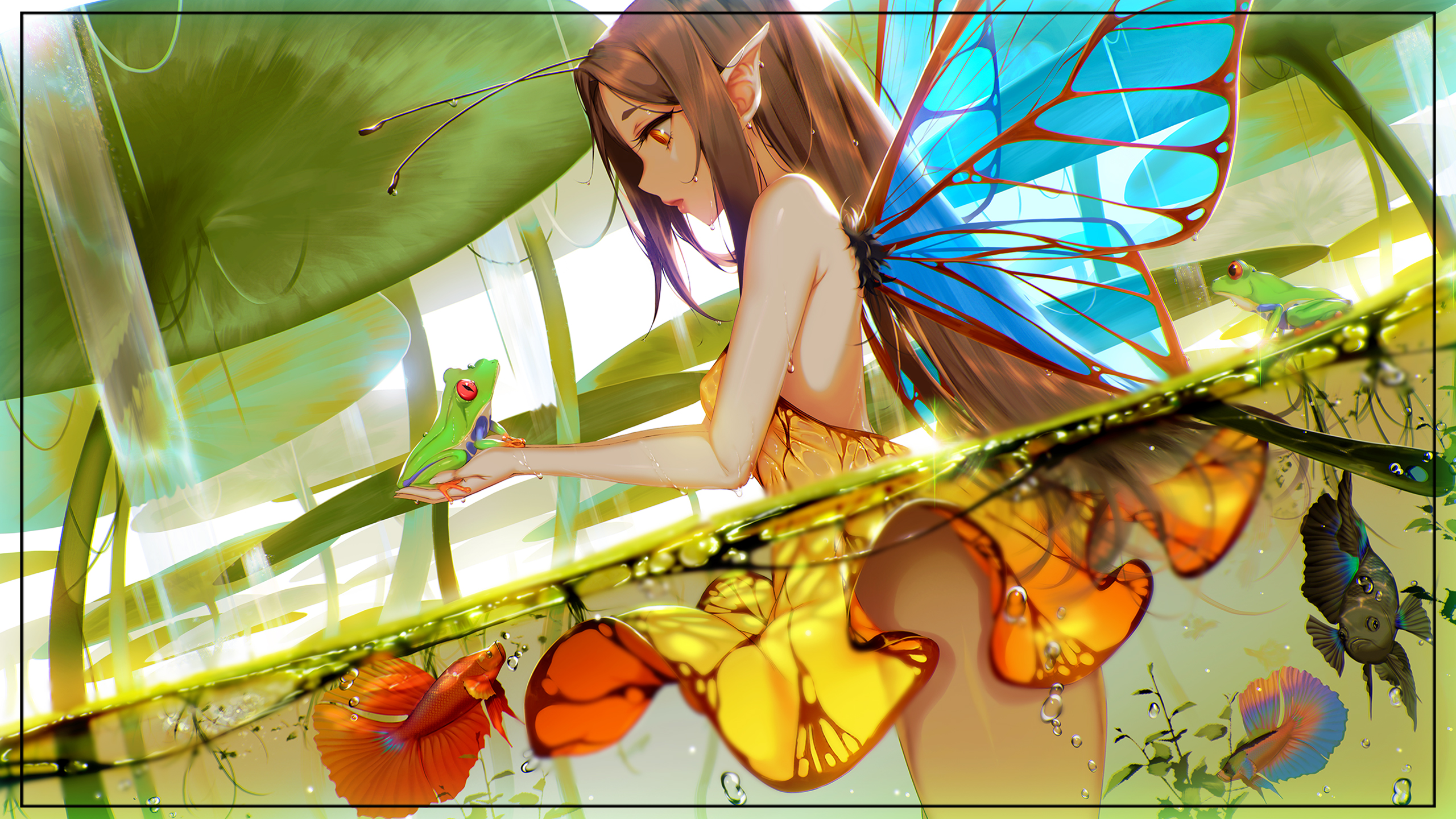 Anime Anime Girls Brunette Long Hair Brown Eyes Fairy Wings Elf Ears Frog Fish In Water Water Lilies 2560x1440