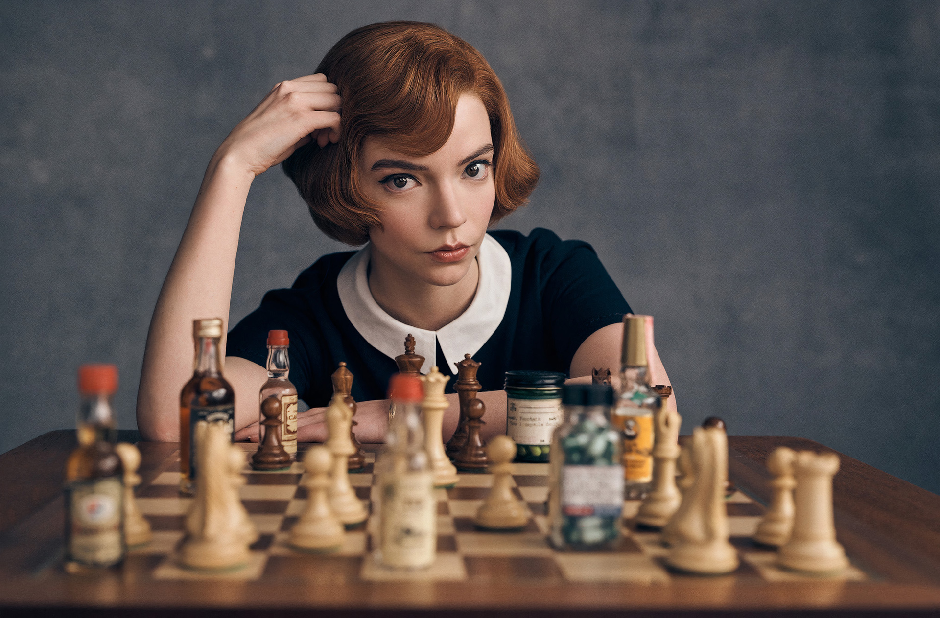Anya Taylor Joy Women Actress TV Series Chess The Queens Gambit Whisky Pills Sitting Redhead Women I 1920x1263