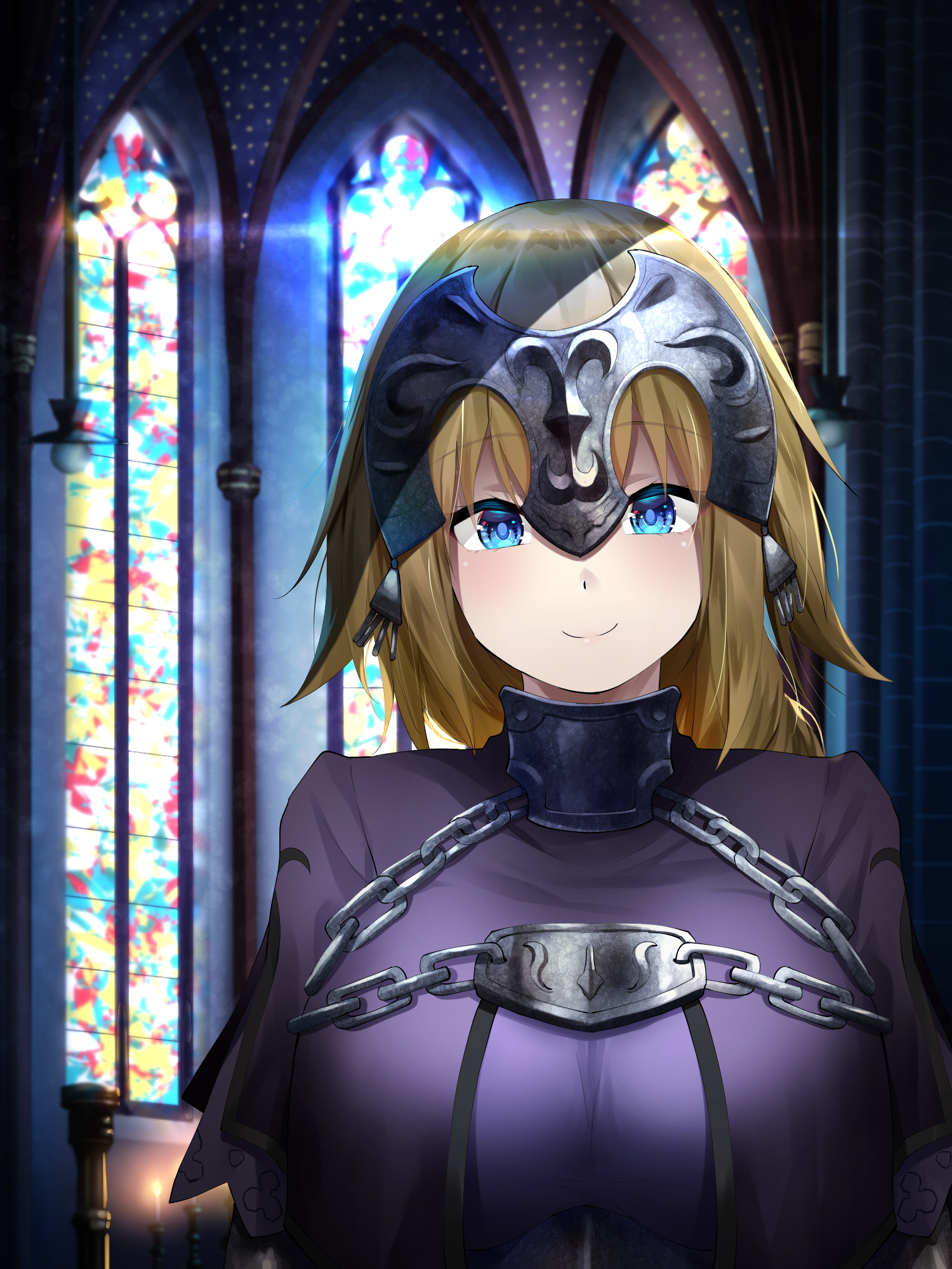 Fate Series FGO Fate Apocrypha Armored Woman Chains Violet Dress Smiling Blue Eyes Blushing Looking  1500x2000