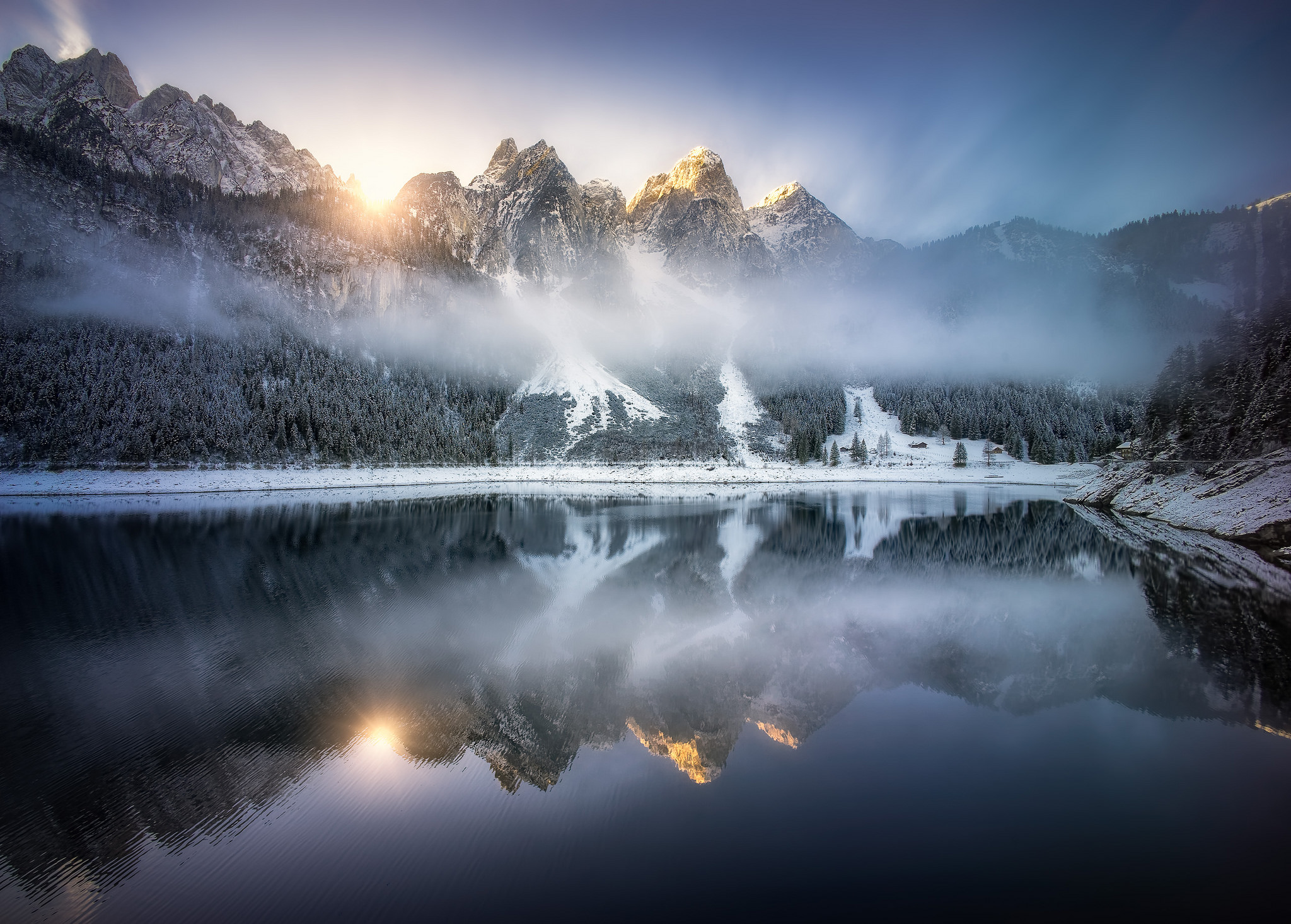 Alps Austria Fog Forest Gosausee Lake Mountain Reflection Winter 2048x1466