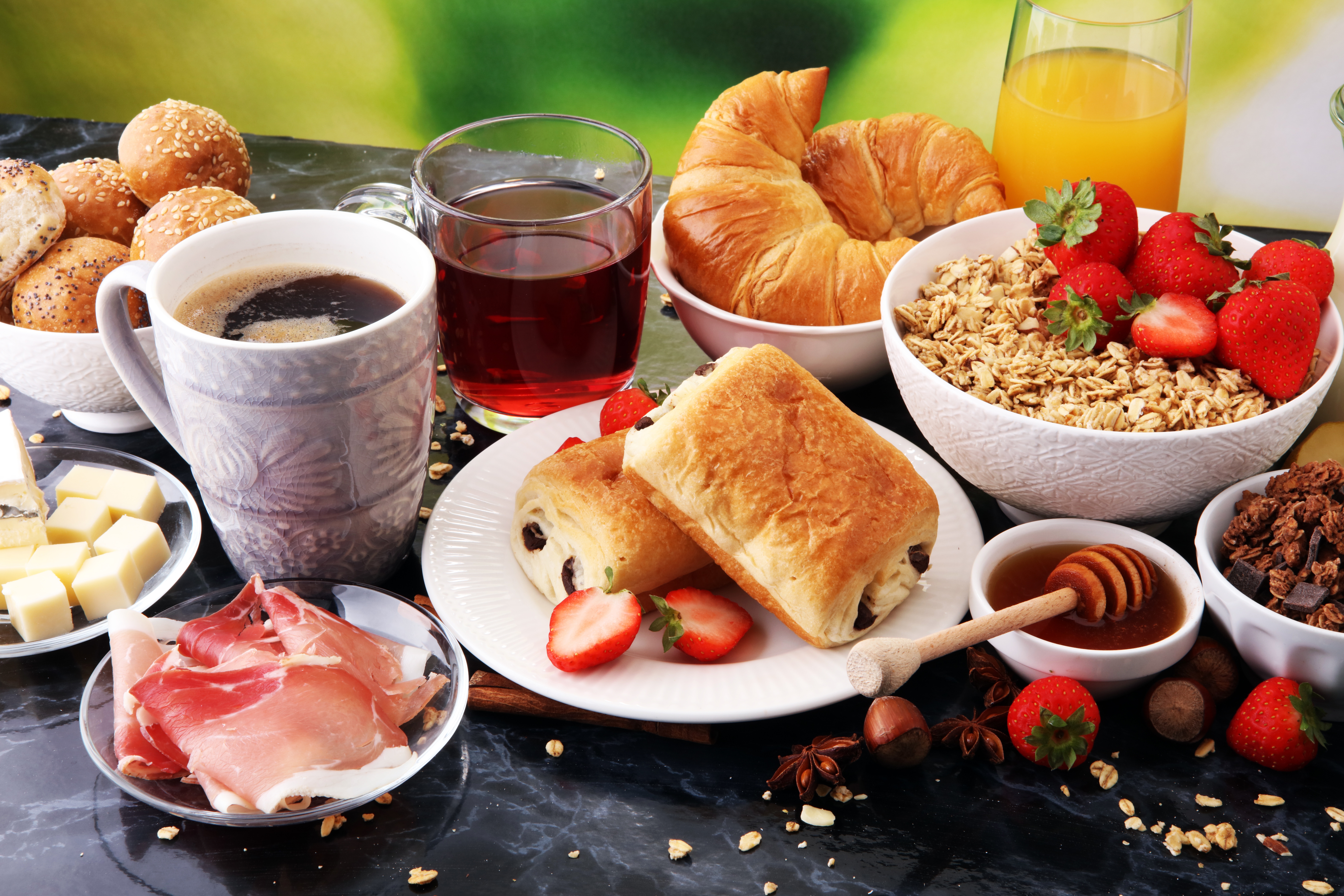 Breakfast Coffee Croissant Cup Honey Juice Still Life Strawberry Viennoiserie 8688x5792