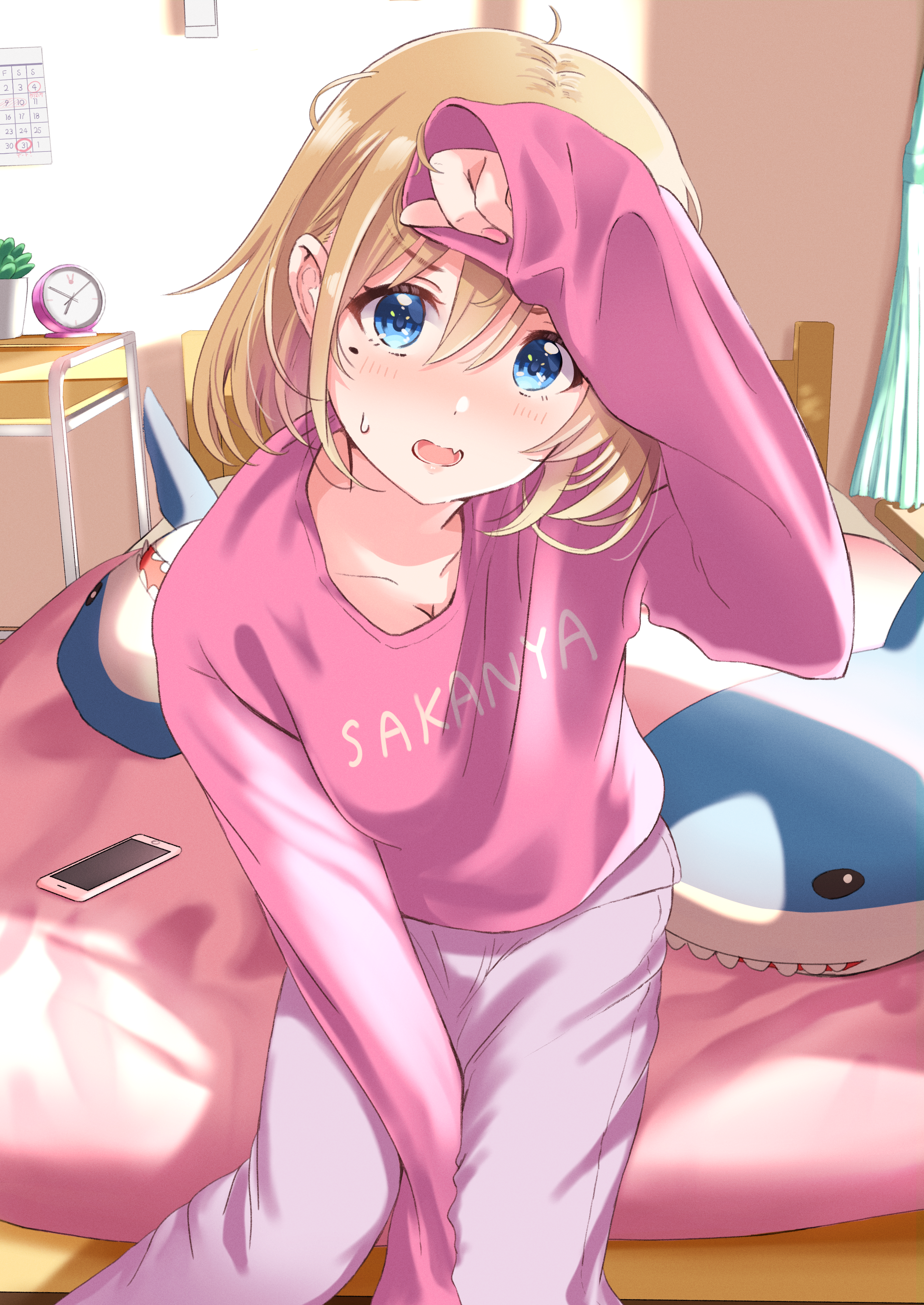 Shiokazunoko Anime Anime Girls Vertical Pyjamas Blue Eyes Open Mouth Blushing Blonde Shoulder Length 2508x3541