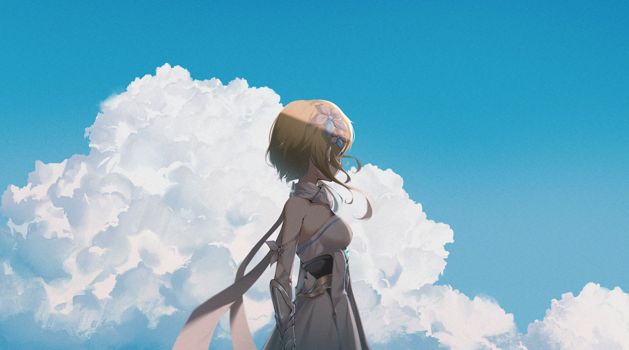 Anime Anime Girls Clouds Sky Yellow Hair Armored Scarf Genshin Impact Blonde Flower In Hair Short Ha 2080x1158