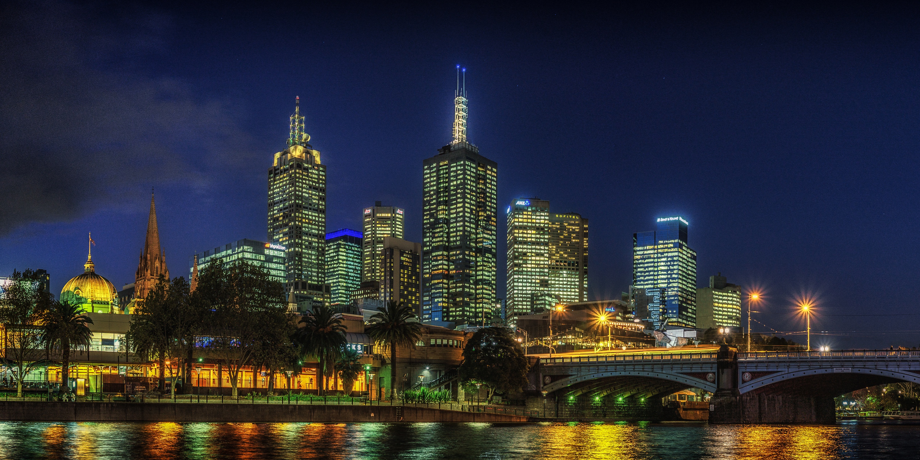 Australia Bridge Building City Light Melbourne Night Skyscraper 3200x1600