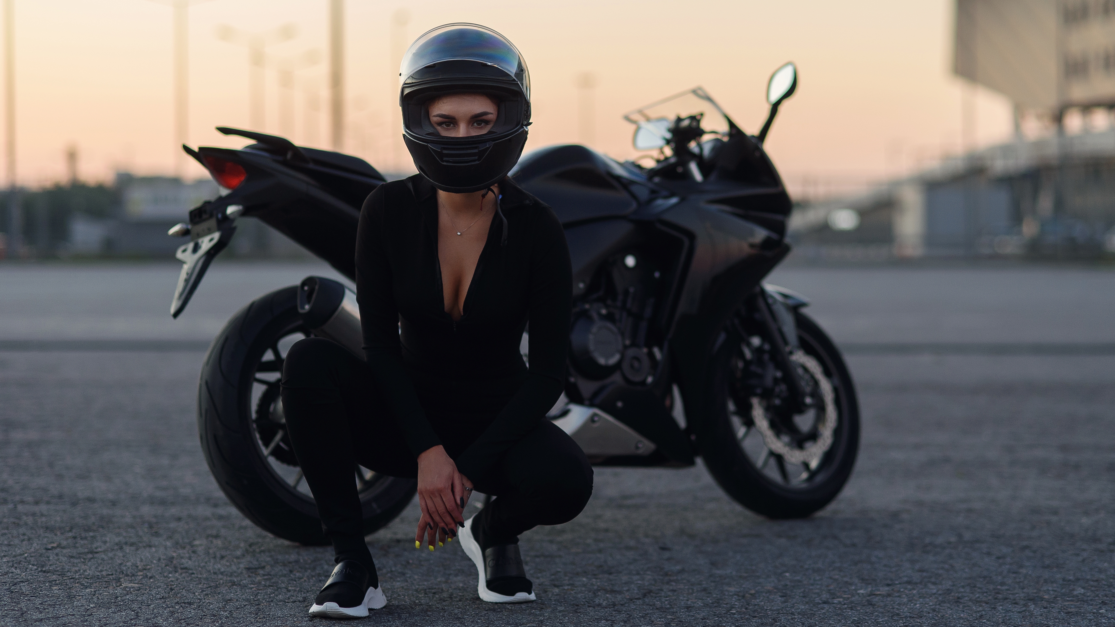 Women Motorcycle Motorcyclist Helmet Black Clothes Black Clothing 4K Frontal View 3840x2160