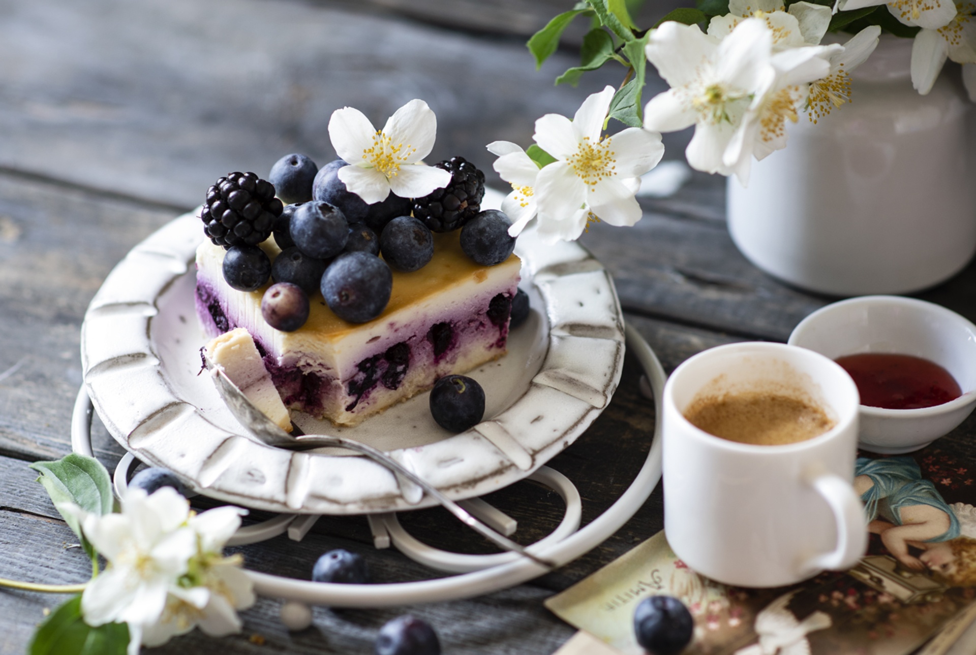 Berry Cheesecake Coffee Fruit Pastry White Flower 1920x1290