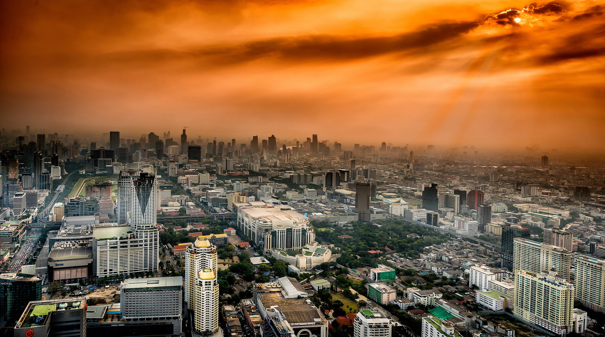 Aerial Bangkok Building City Cityscape Horizon Sunbeam Thailand 2048x1141