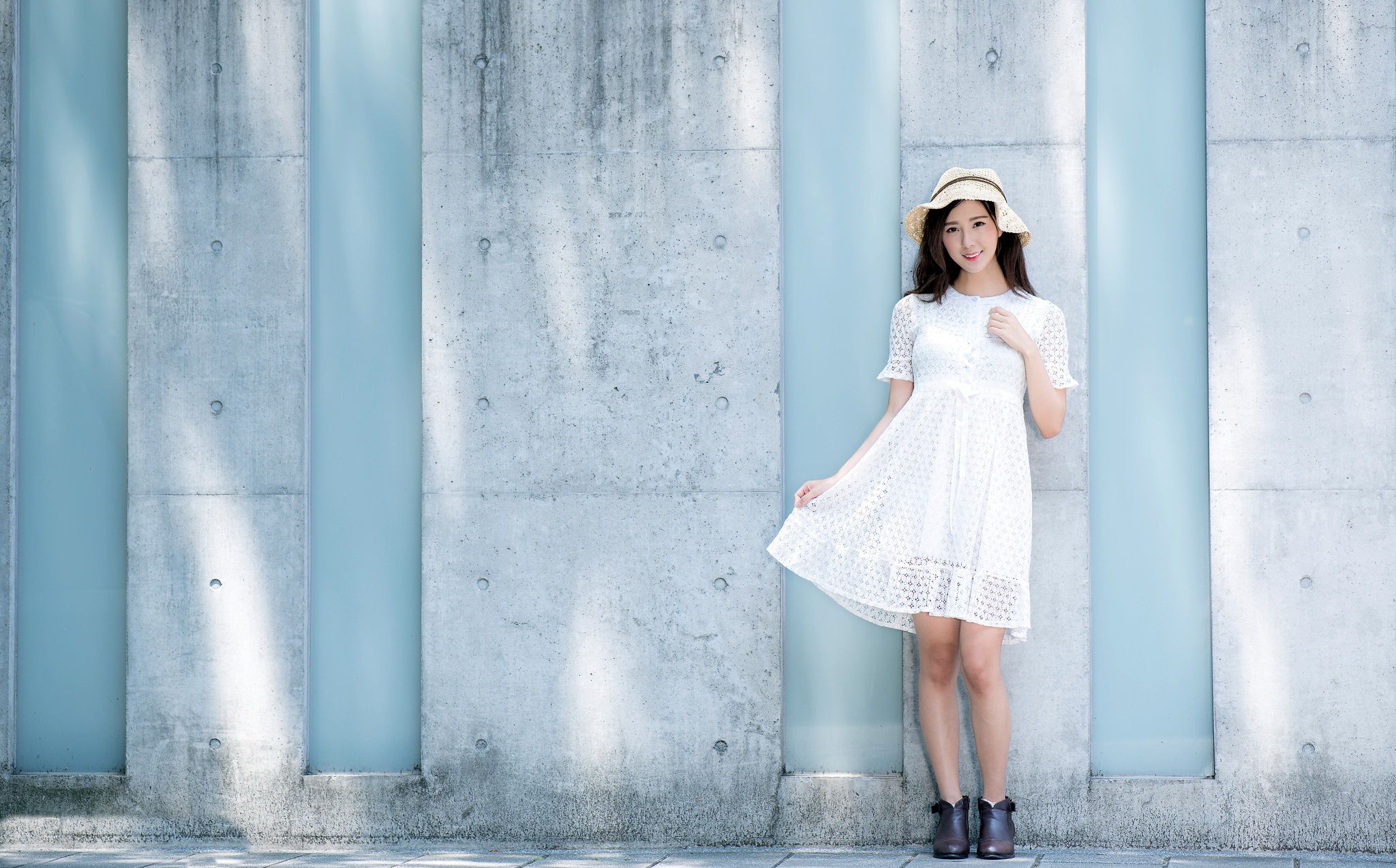 Asian Brunette Girl Hat Model Smile White Dress Woman 2048x1274