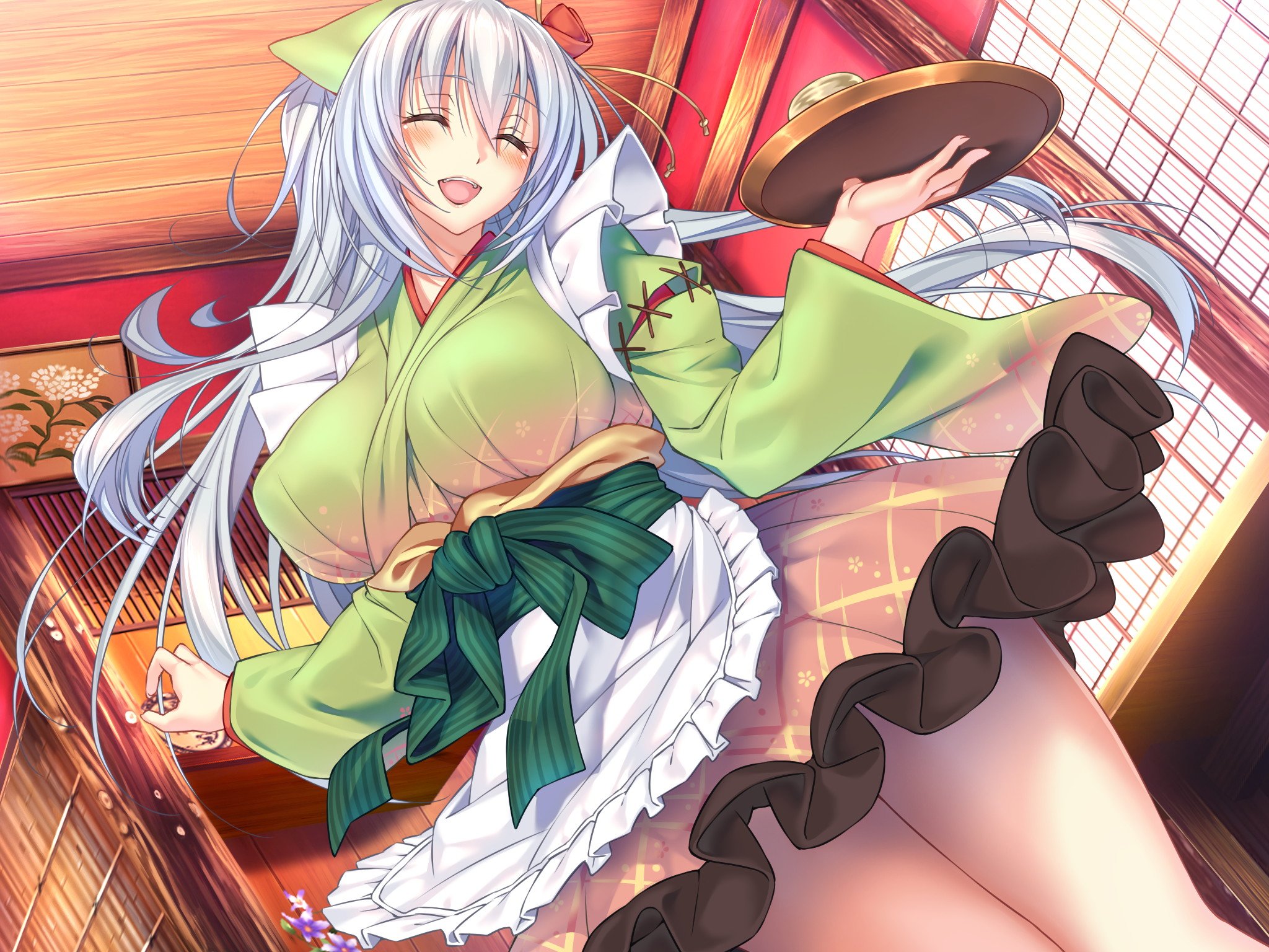 Amakano Anime Girls Low Angle Japanese Clothes Waitress Silver Hair Smiling Suzurikawa Euphrasie Rui 2048x1536