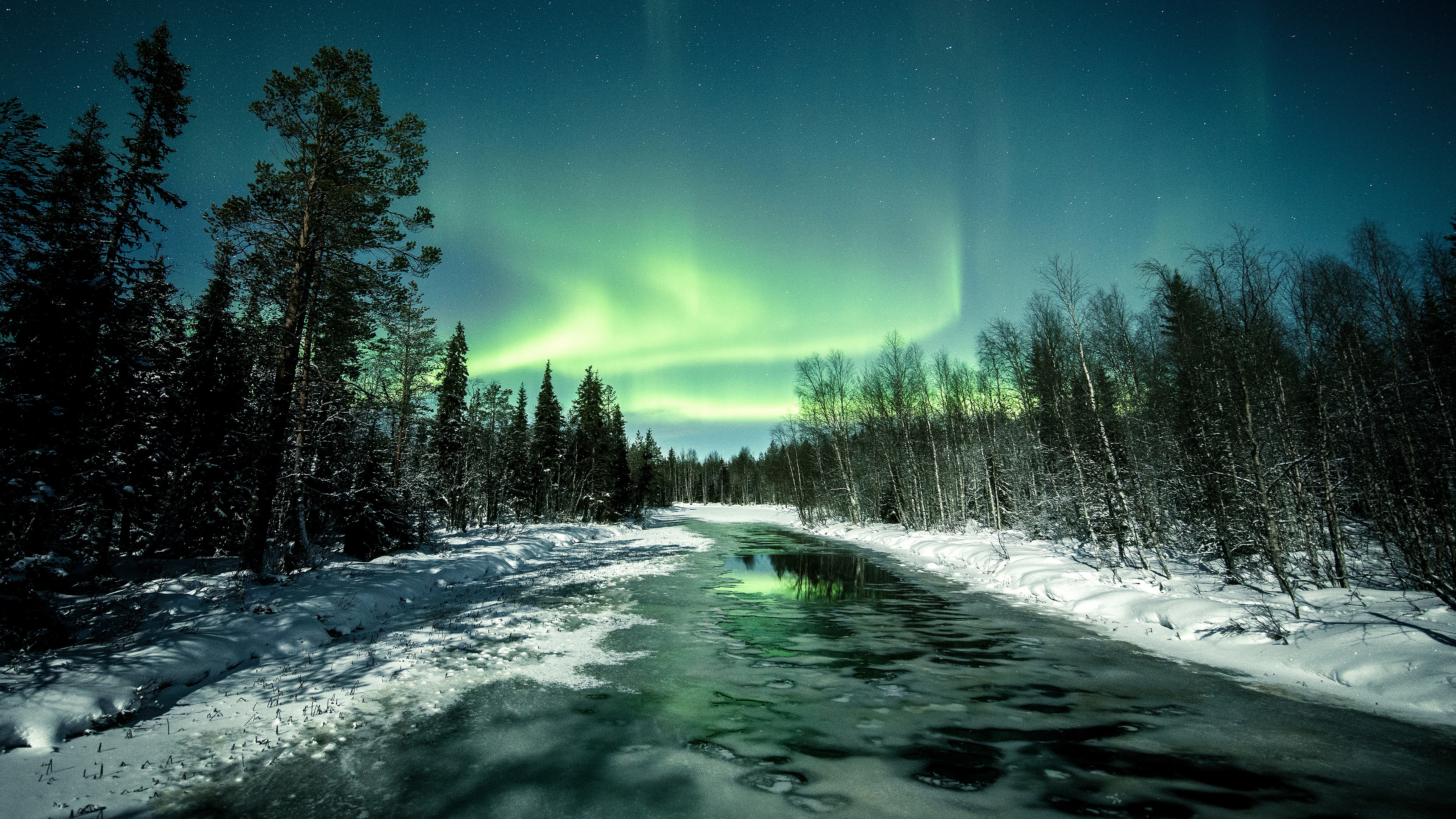 Aurora Borealis Nature Night River Sky Snow Winter 3840x2160