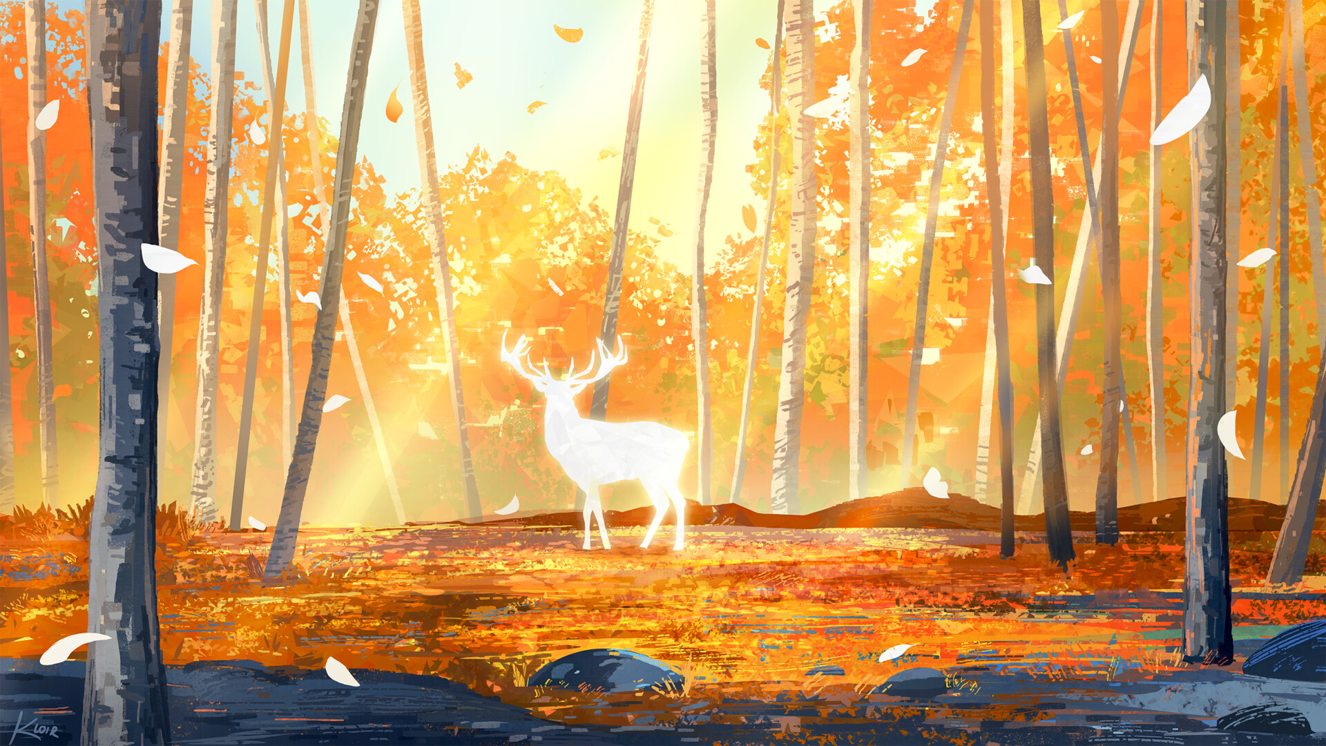 Digital Painting Deer Forest Samantha Lee Leaves 1920x1080