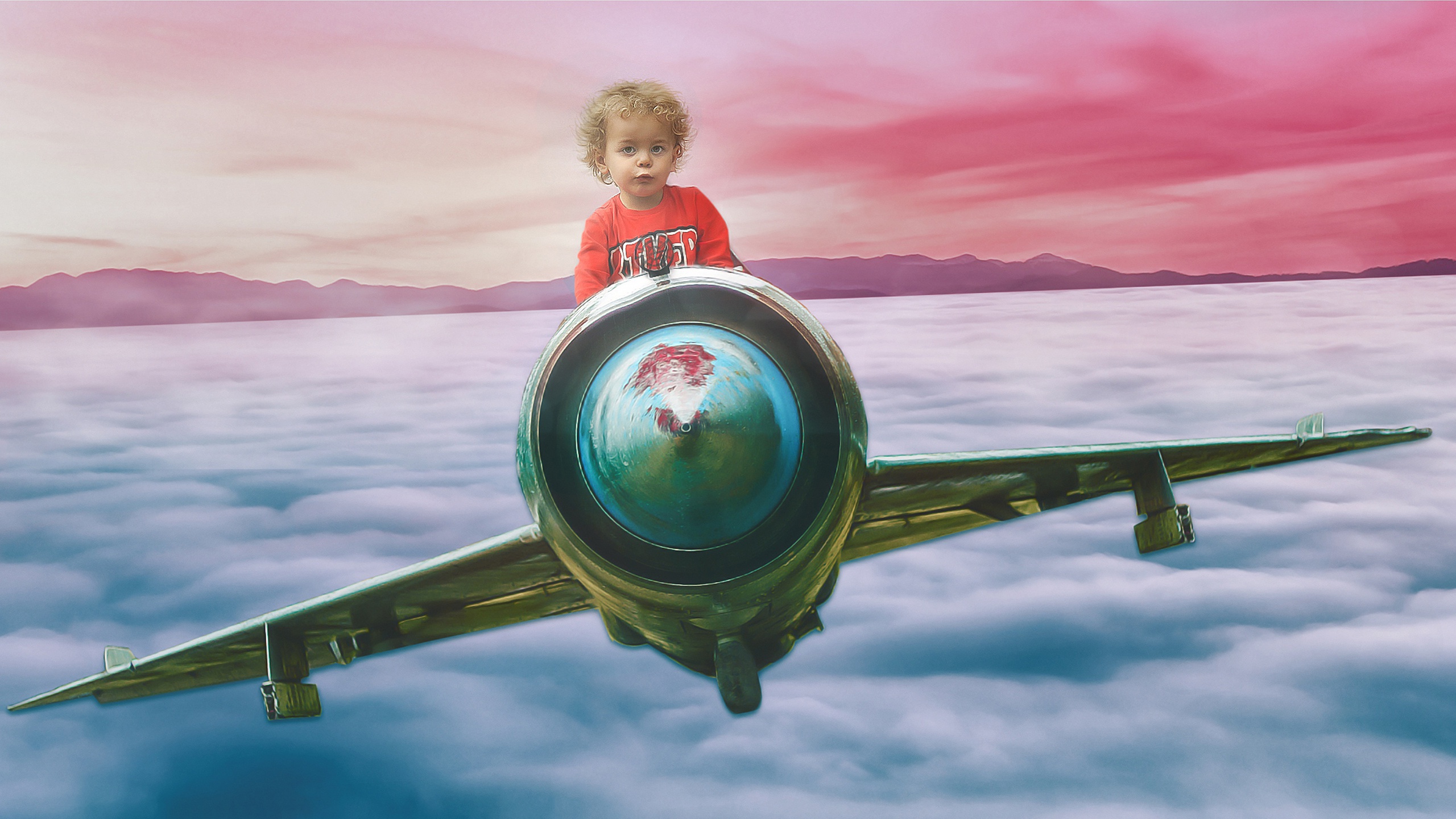 Airplane Boy Child Flight Sky 2560x1440