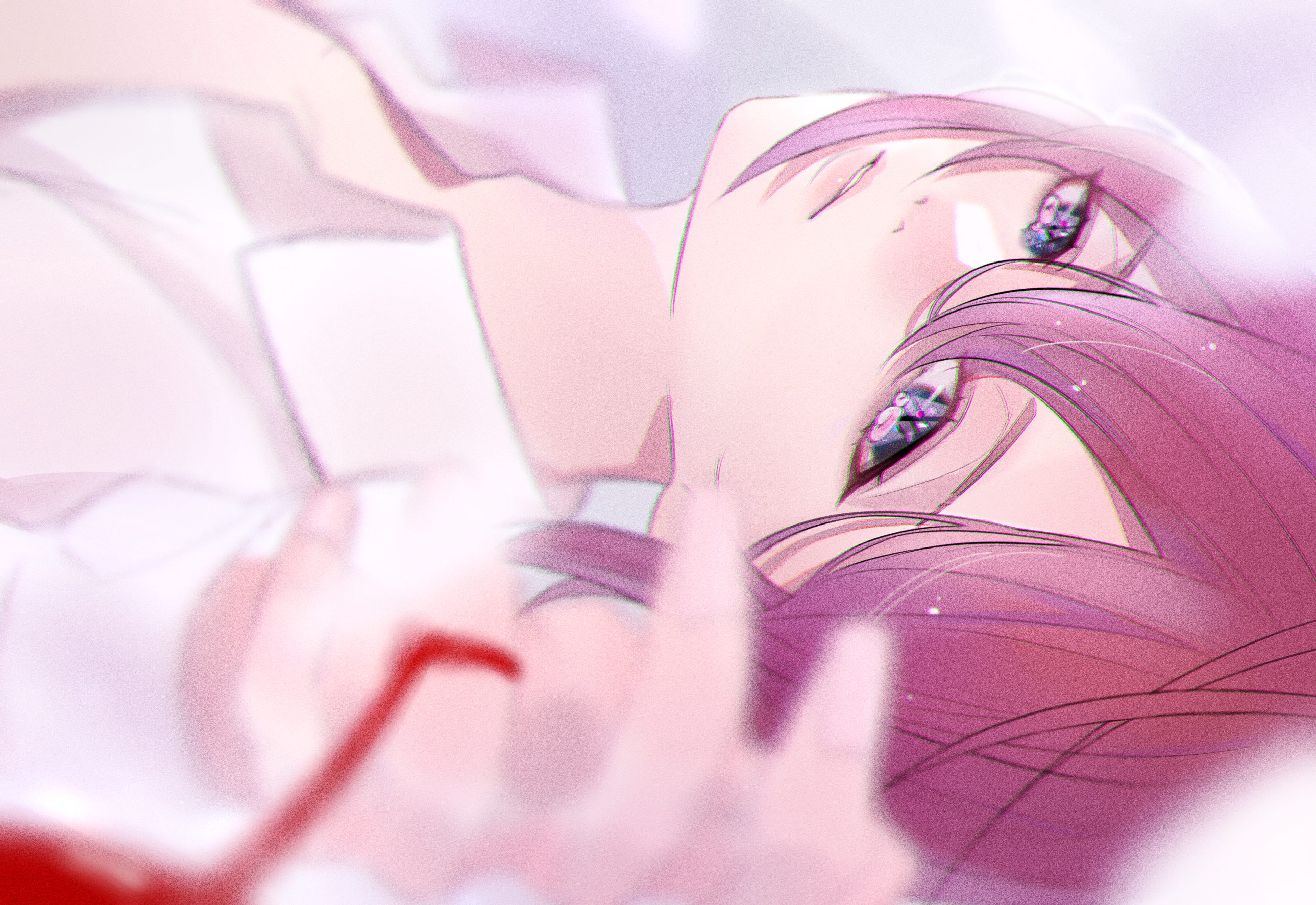 Anime Anime Girls Pink Hair Short Hair Shirt Looking At Viewer In Bed Crying Mano AAA 2578x1772