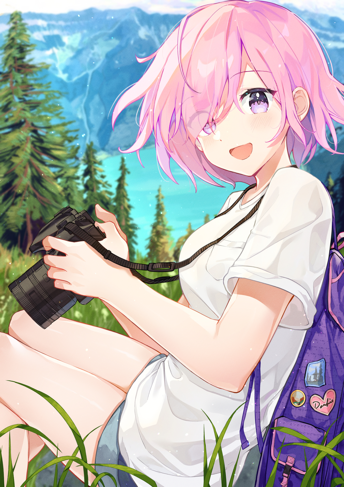 Anime Girls Pink Hair Smile Looking At Viewer Fringe Hair Short Hair Pink Eyes Forest Depth Of Field 1447x2047