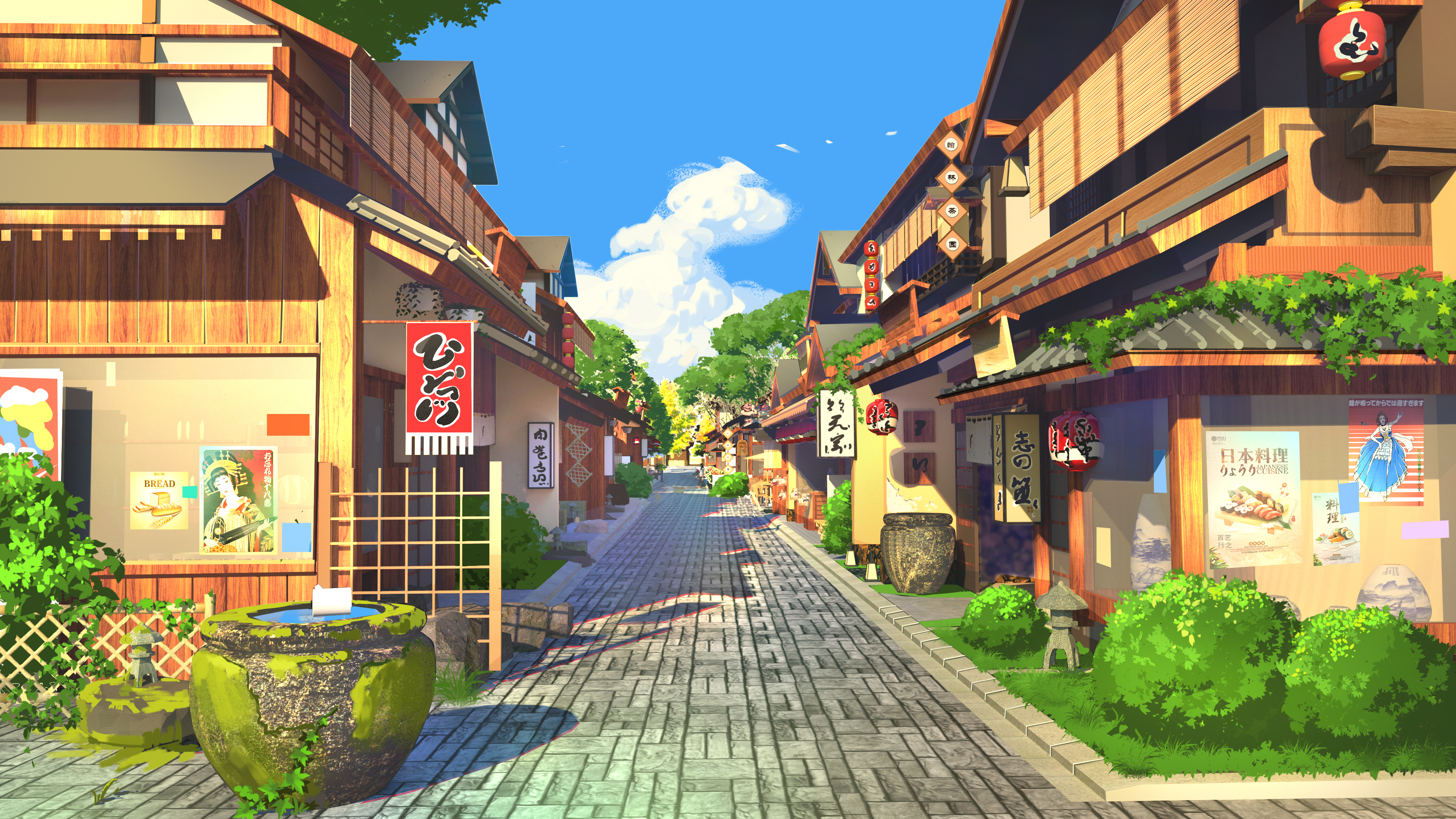 LV Touhou Game CG Background Art Sky Clouds Street Chinese Architecture Digital Art Daylight Trees P 3556x2000