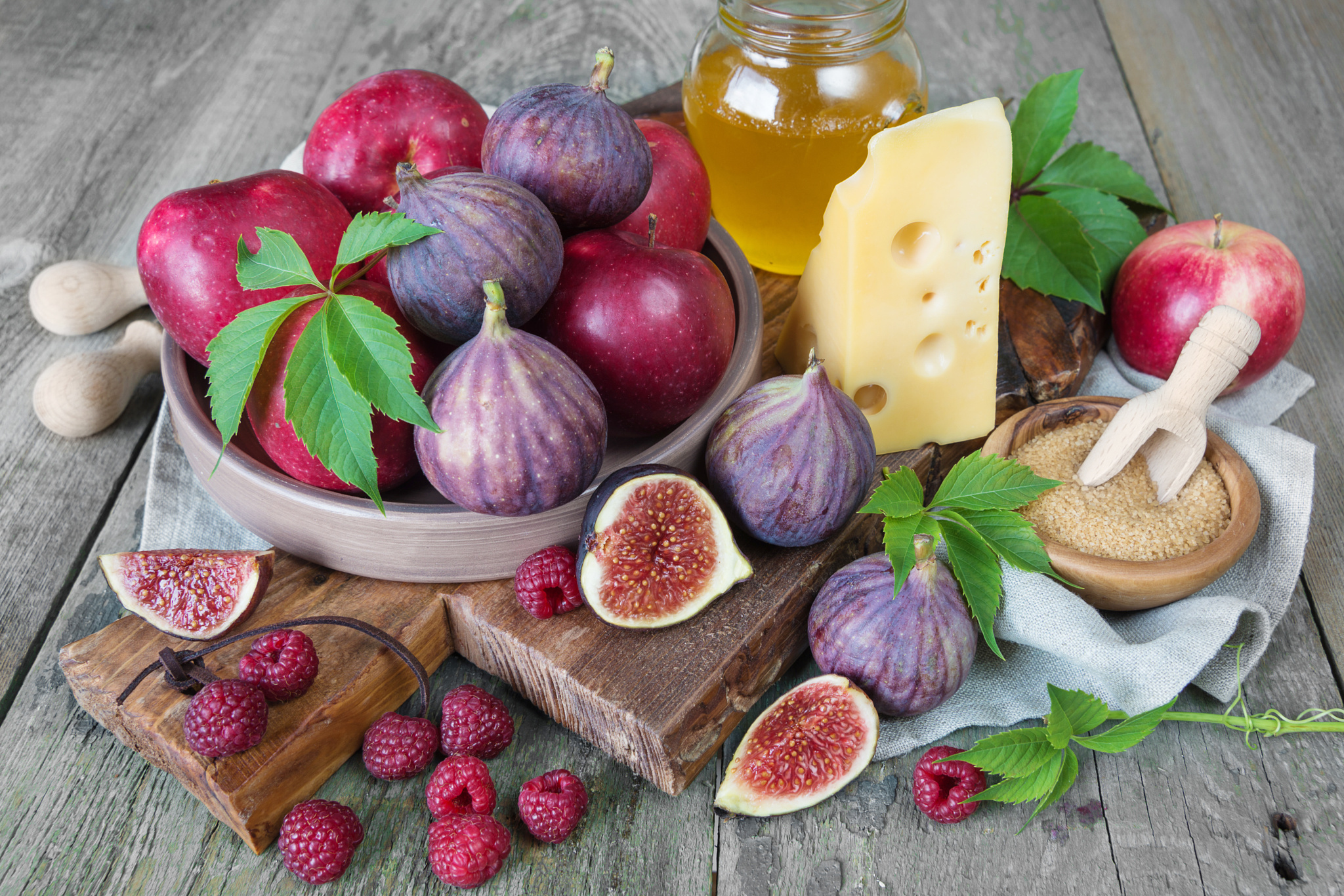 Apple Berry Cheese Fig Fruit Honey Raspberry Still Life 2048x1366