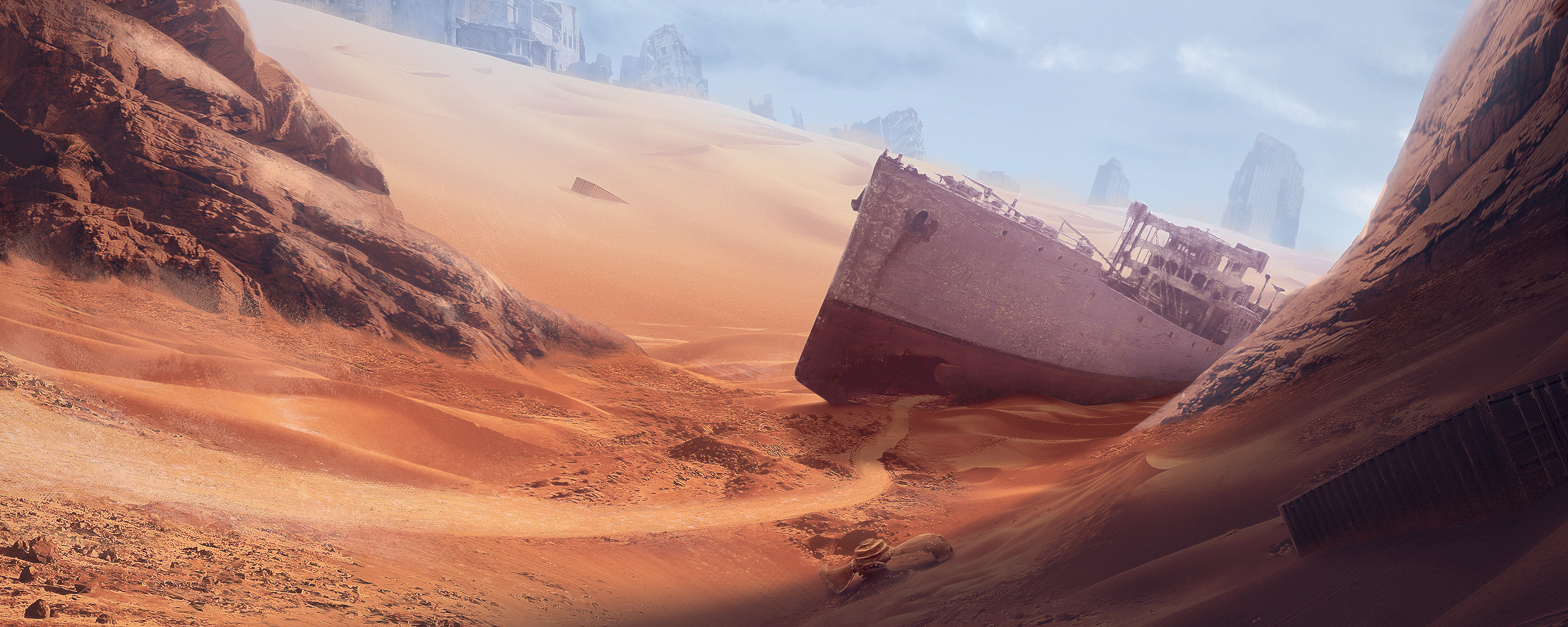 Artwork ArtStation Apocalyptic Futuristic Science Fiction Shipwreck Ship Vehicle Desert 2800x1120