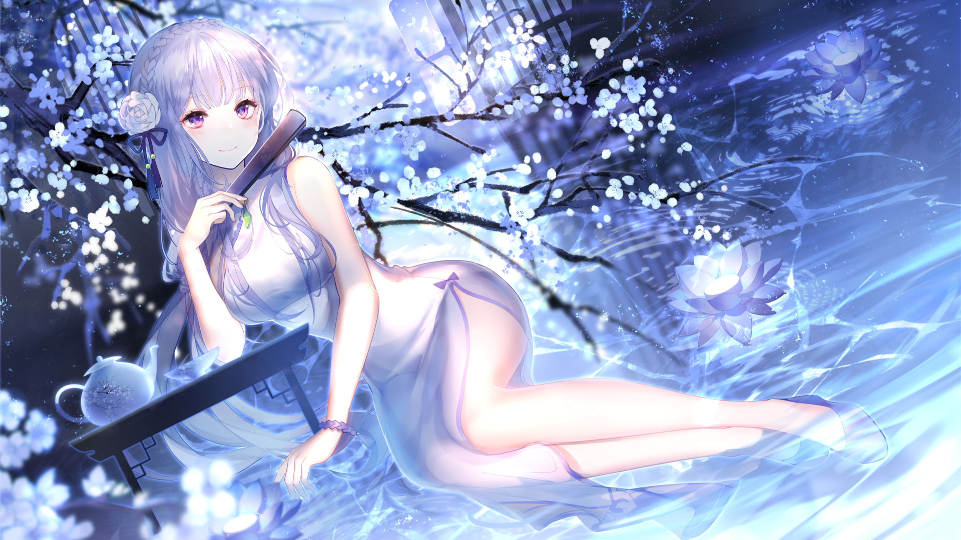Water Flowers Long Hair Purple Eyes Chinese Clothes Anime 1920x1080