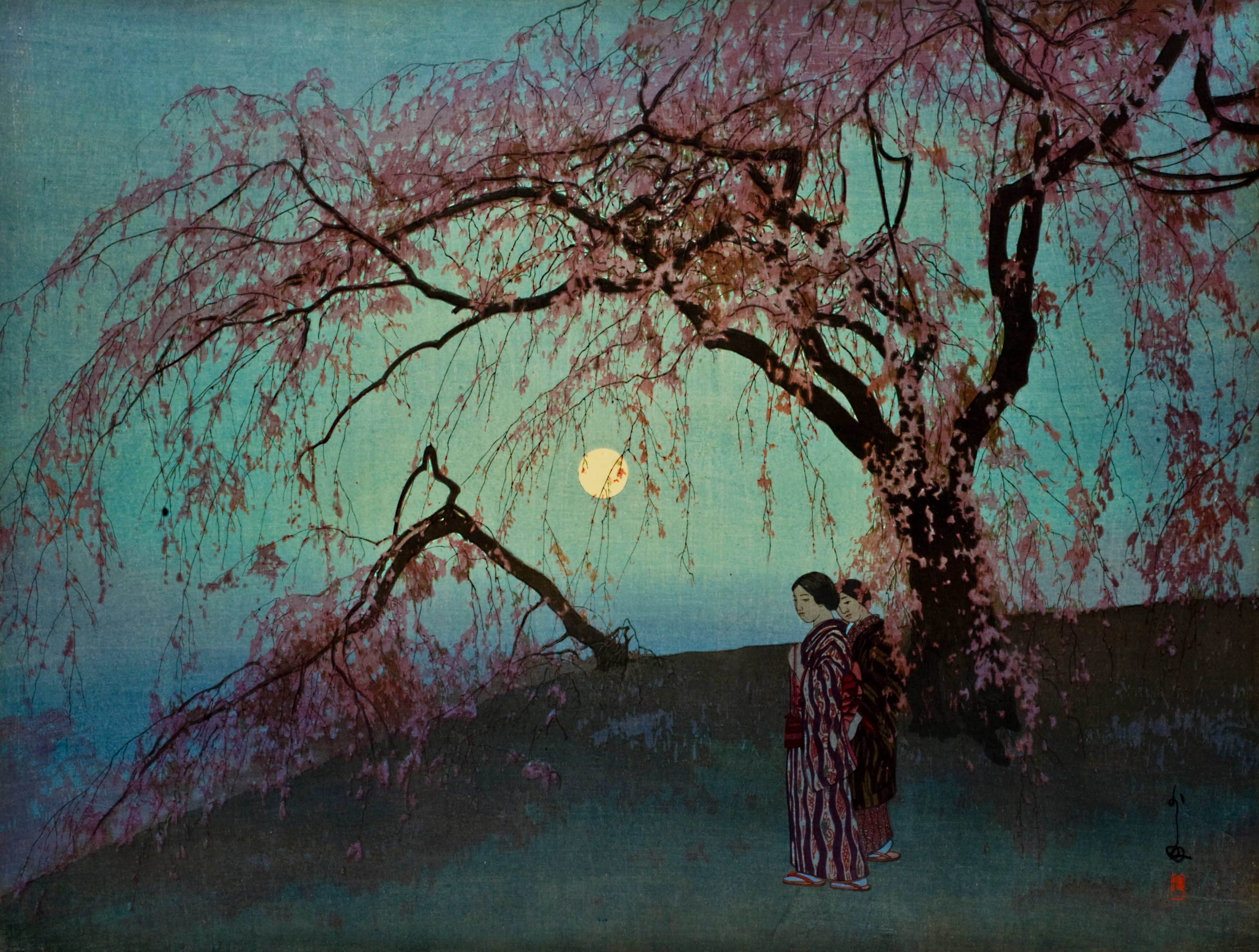 Yoshida Hiroshi Japanese Art Painting Moonlight Sakura Blossom Trees Artwork Women Japanese Clothes  4732x3580