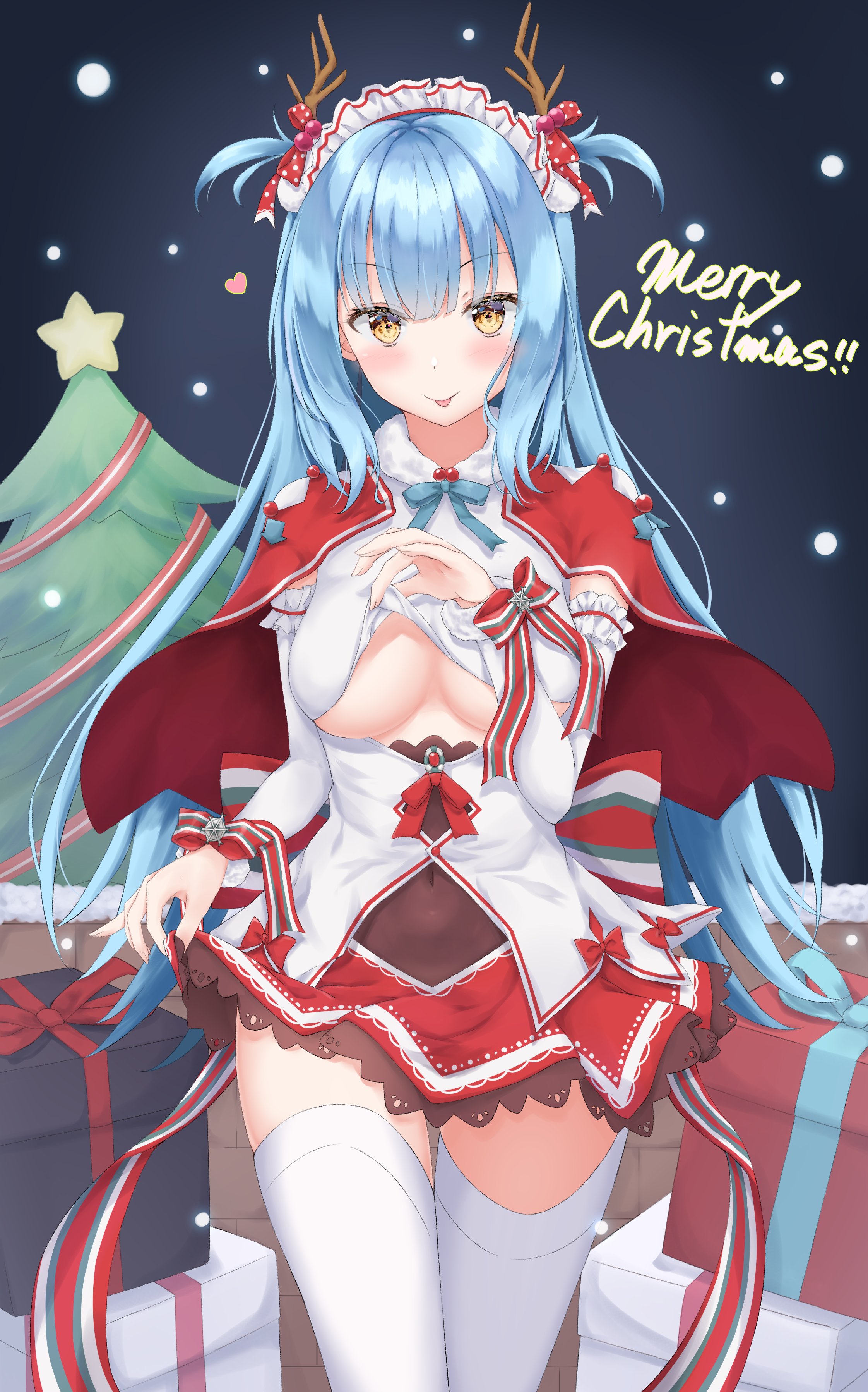 Anime Girls Santa Costume Christmas Tree Thigh Highs Tongue Out Blue Hair Brown Eyes To Sse Azur Lan 2243x3594