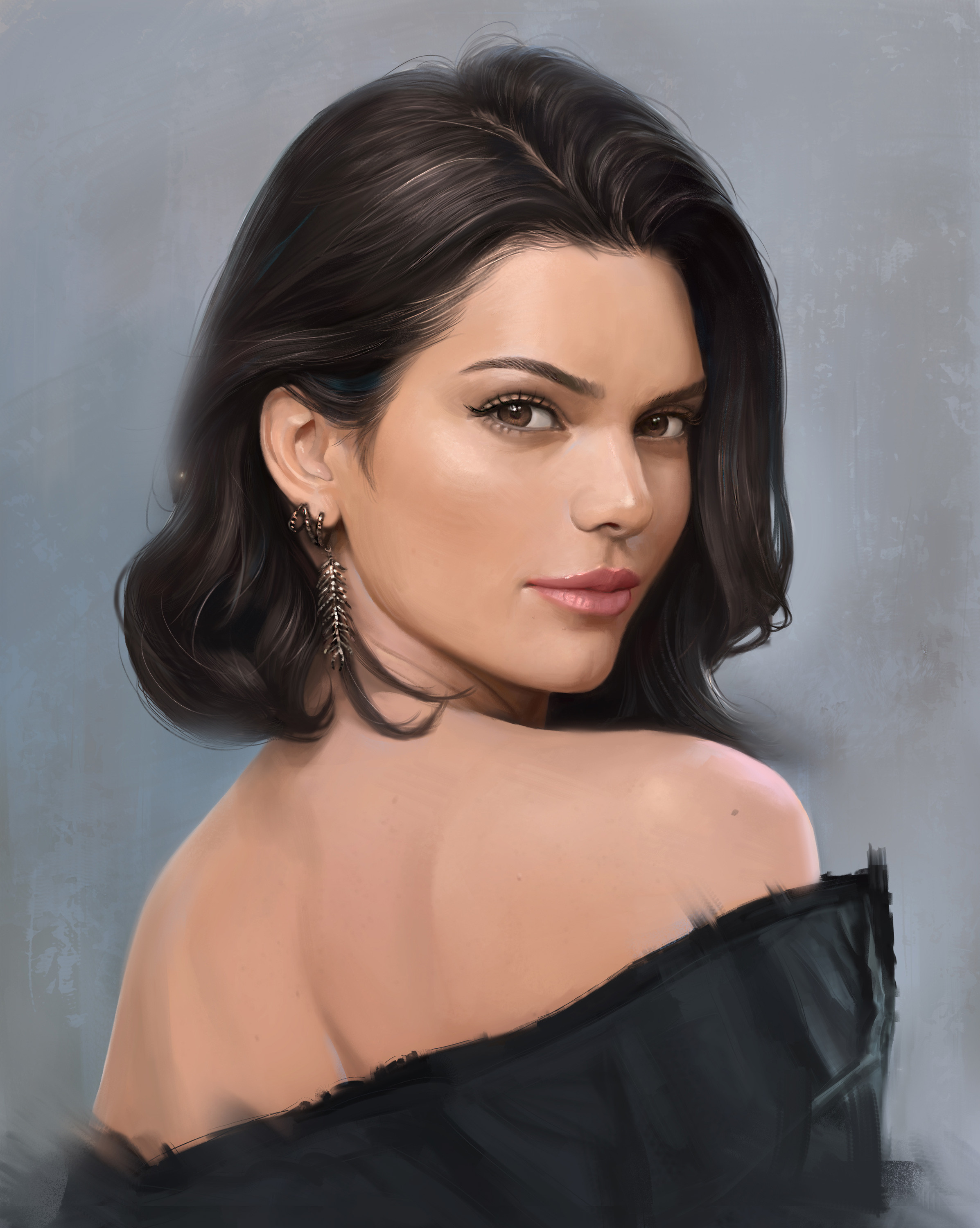 Kim Sung Hwan Drawing Women Kendall Jenner Portrait Dark Hair Shoulder Length Hair Wavy Hair Eyeline 2394x3000