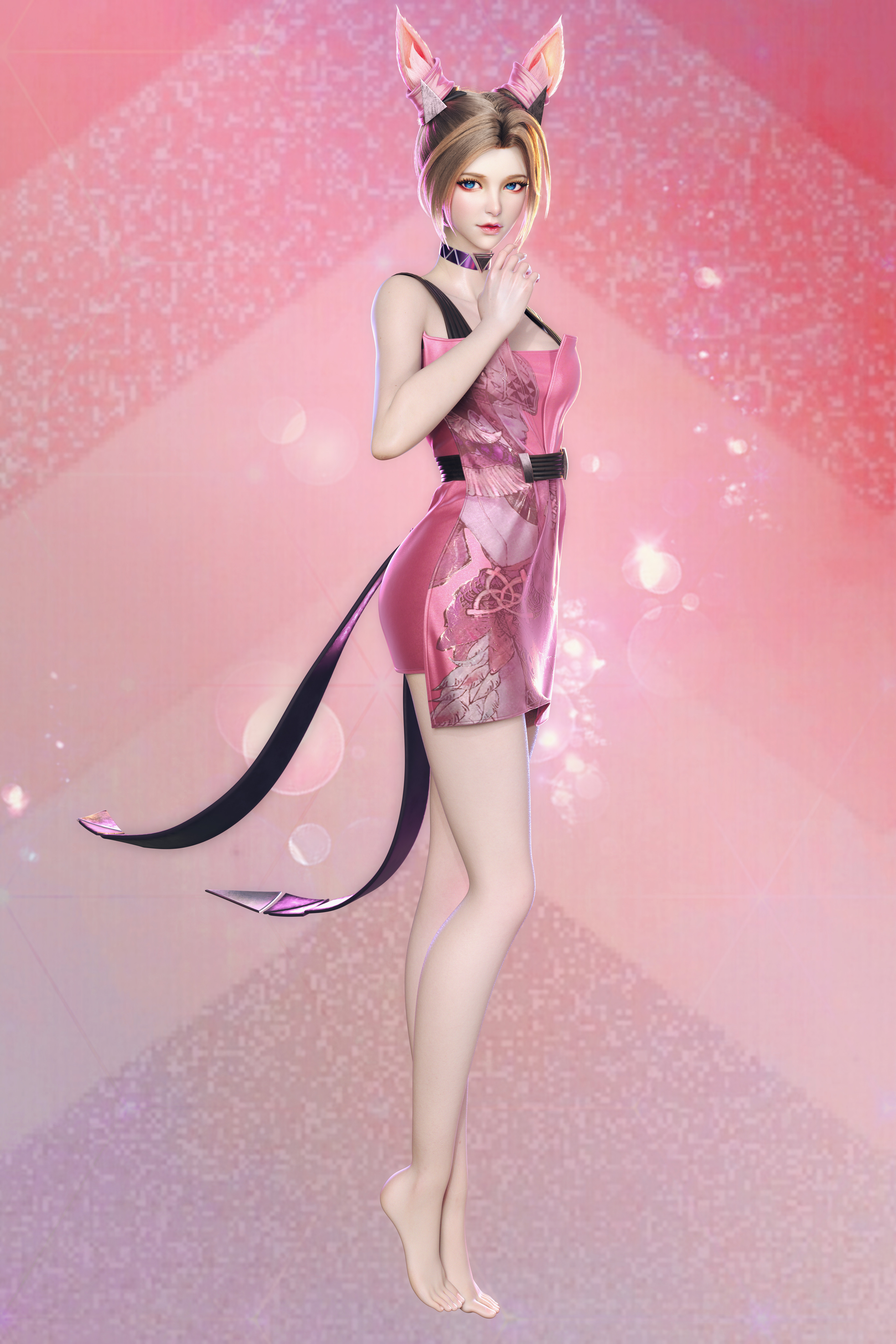 Yihao Ren CGi Women Hair Accessories Blonde Short Hair Blue Eyes Pink Dress Pink Clothing Barefoot C 3840x5759