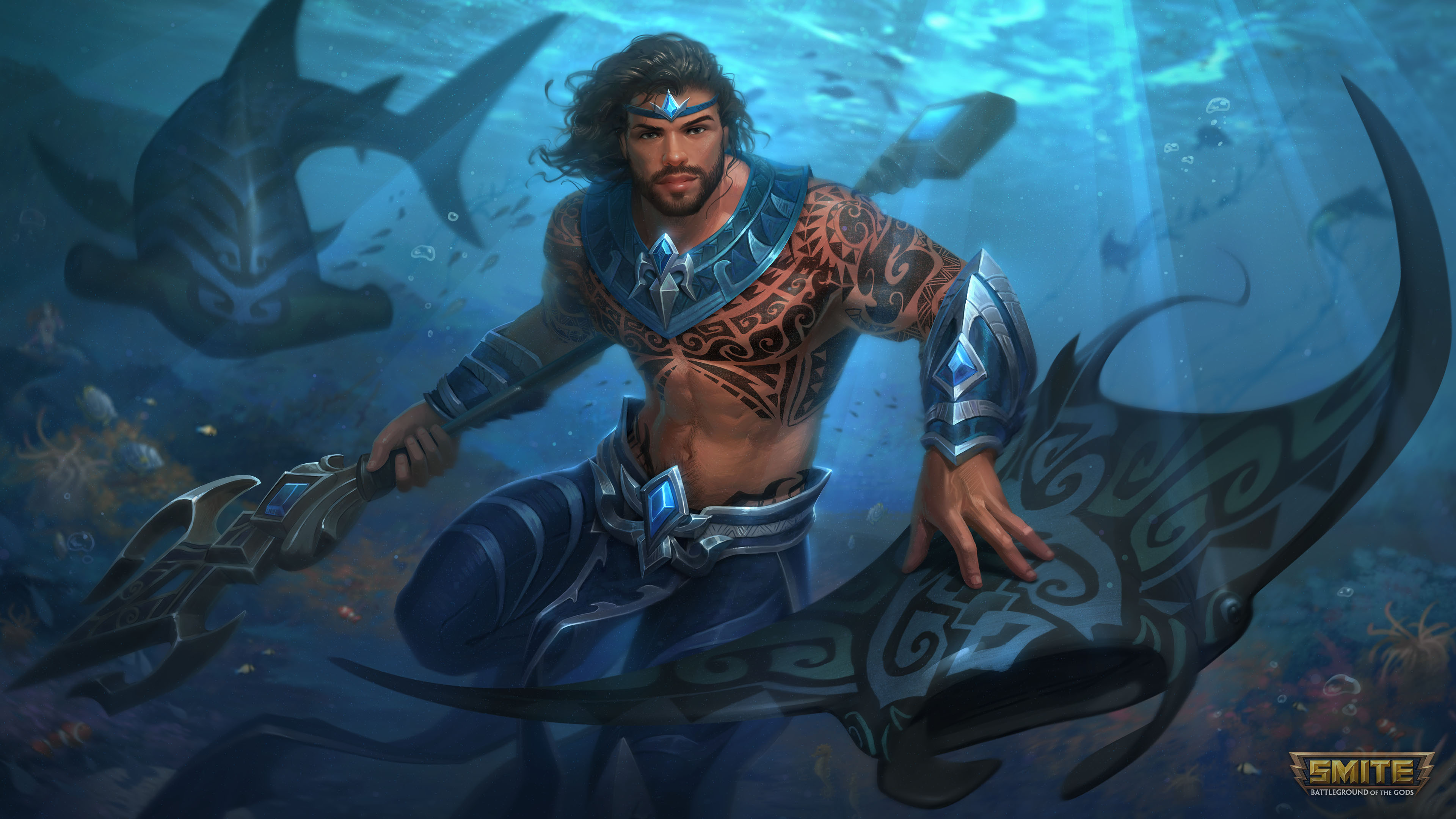 Man Manta Ray Poseidon Smite Shark Tattoo Trident Underwater Warrior 3840x2160