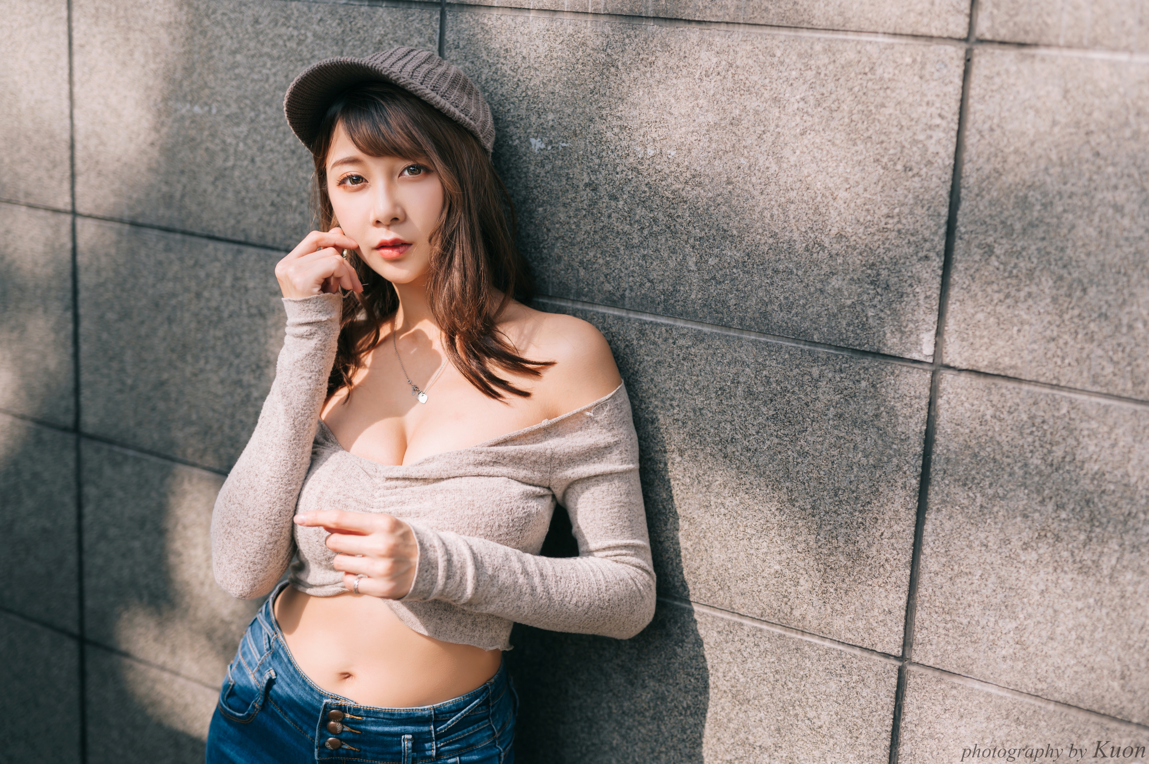Asian Women Model Wool Cap Brunette Looking At Viewer Parted Lips Bare Shoulders Crop Top Jeans Outd 3840x2555