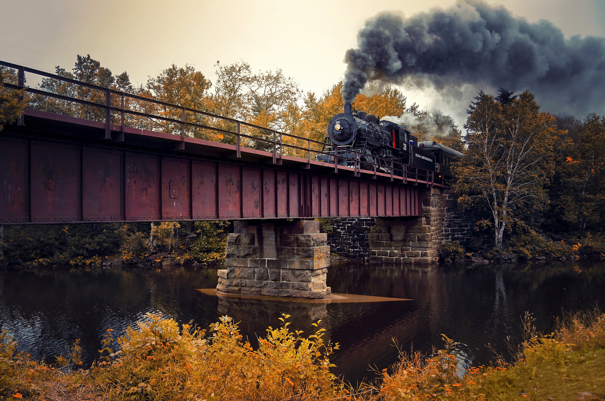 Bridge Locomotive River Smoke Train Vehicle 2048x1358