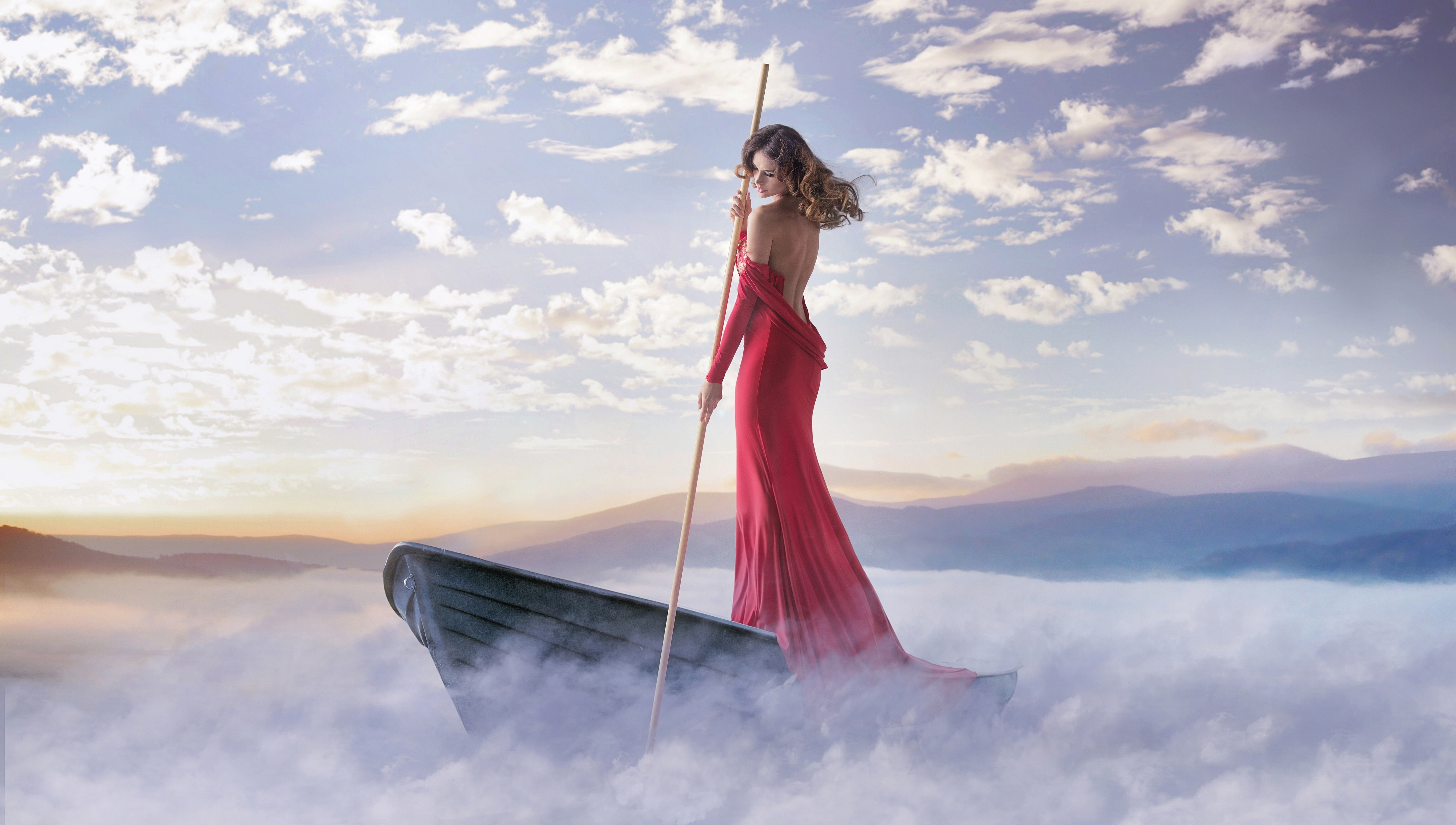 Women Long Hair Boat Vehicle Back Dress Standing Sky Clouds Backless Bare Shoulders 5000x2835