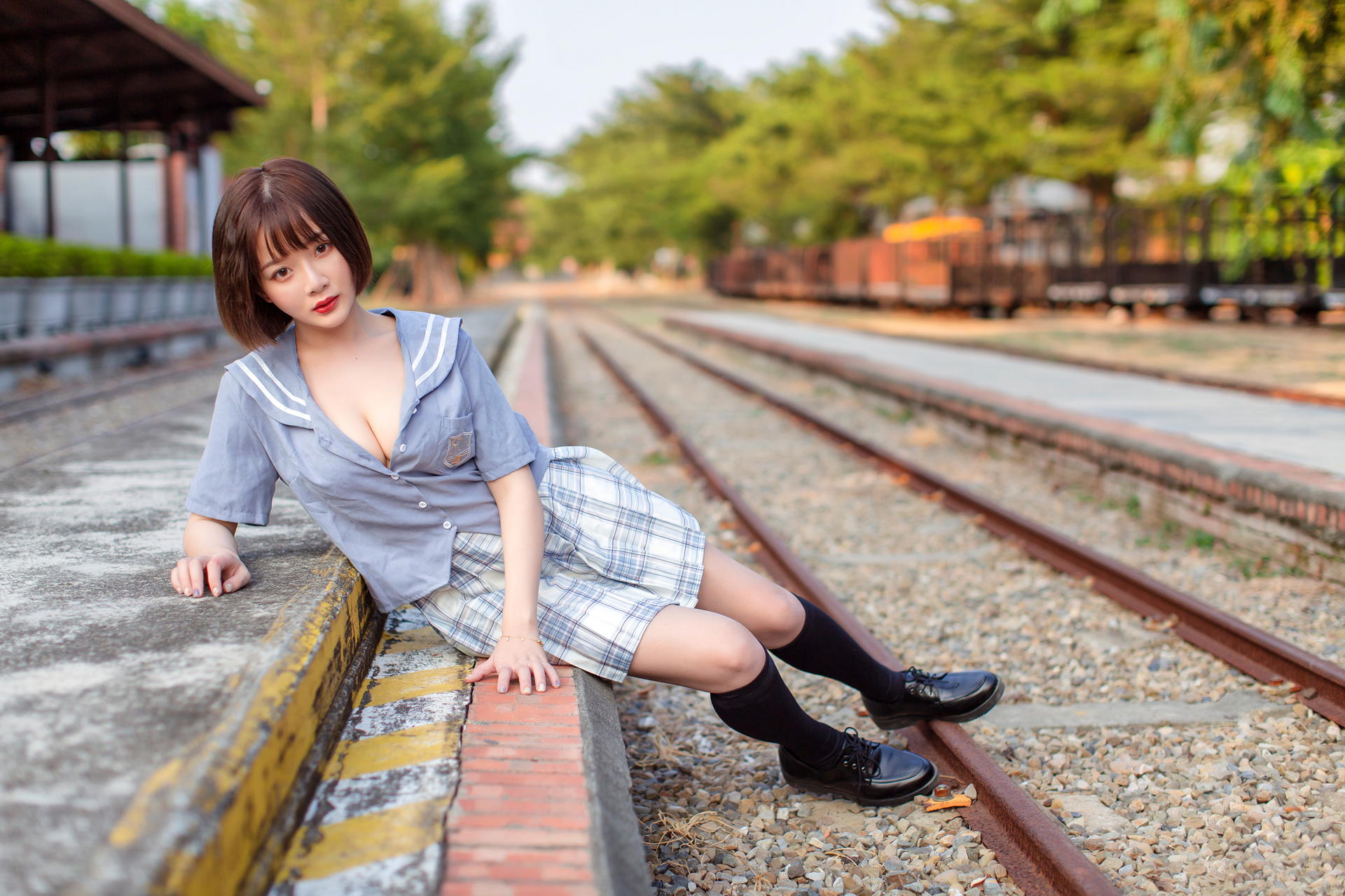 Asian Model Women Short Hair Sitting Skirt School Uniform Black Socks Railway 1920x1279
