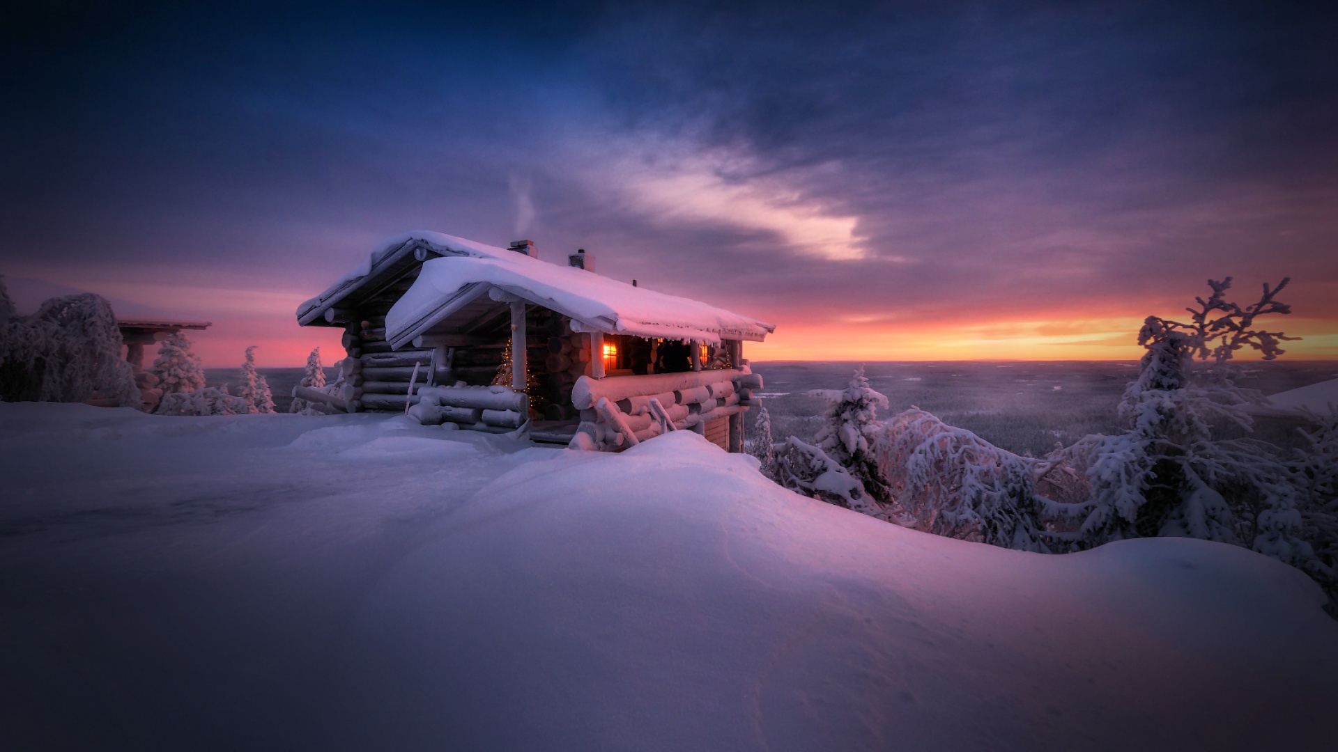 Cabin Landscape Sky Snow Sunset Winter 1920x1080