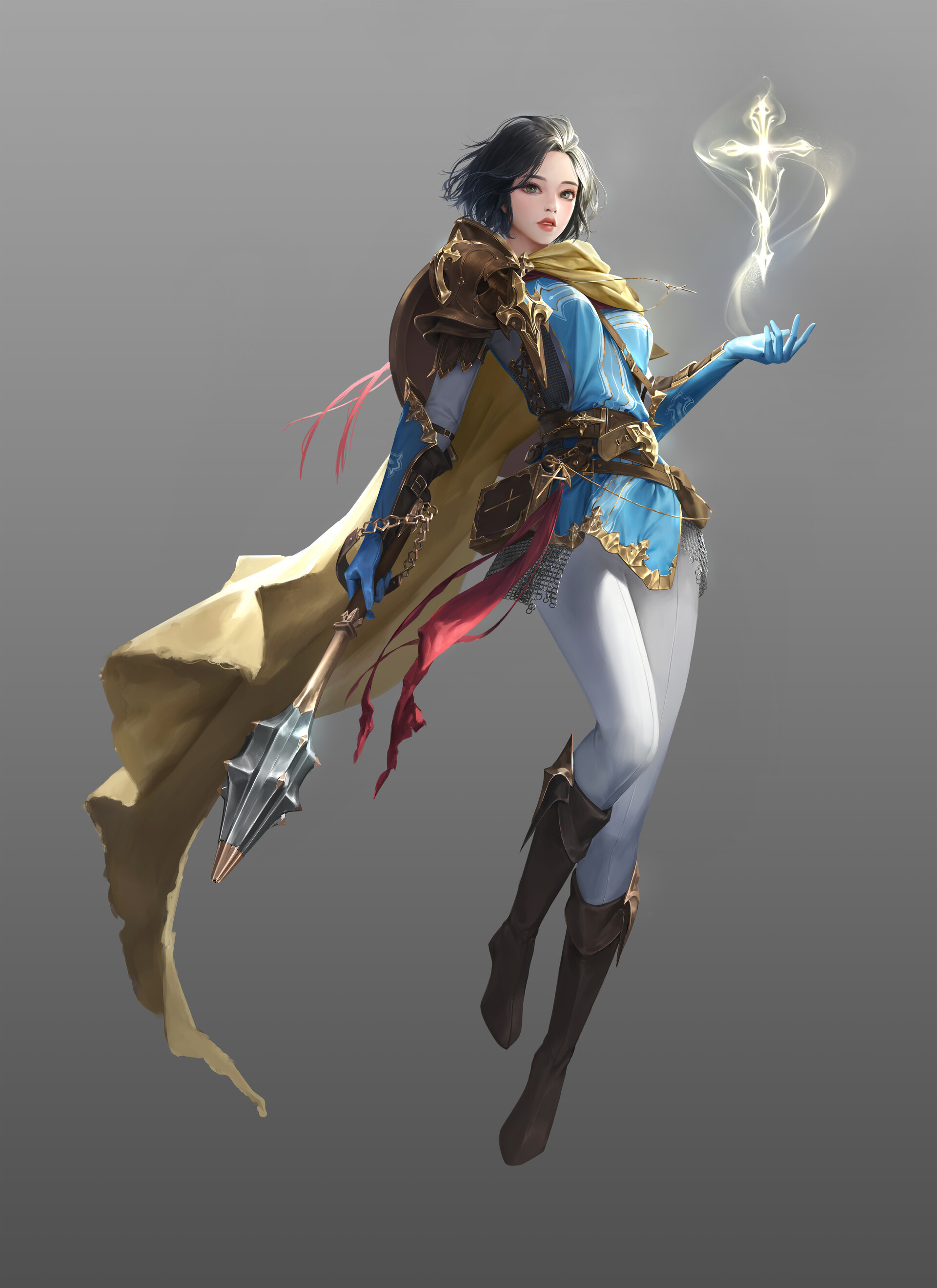 Liz Son Drawing Women Short Hair Floating Spell Cleric Dungeons Dragons Fantasy Art Mace Cape Simple 1920x2638