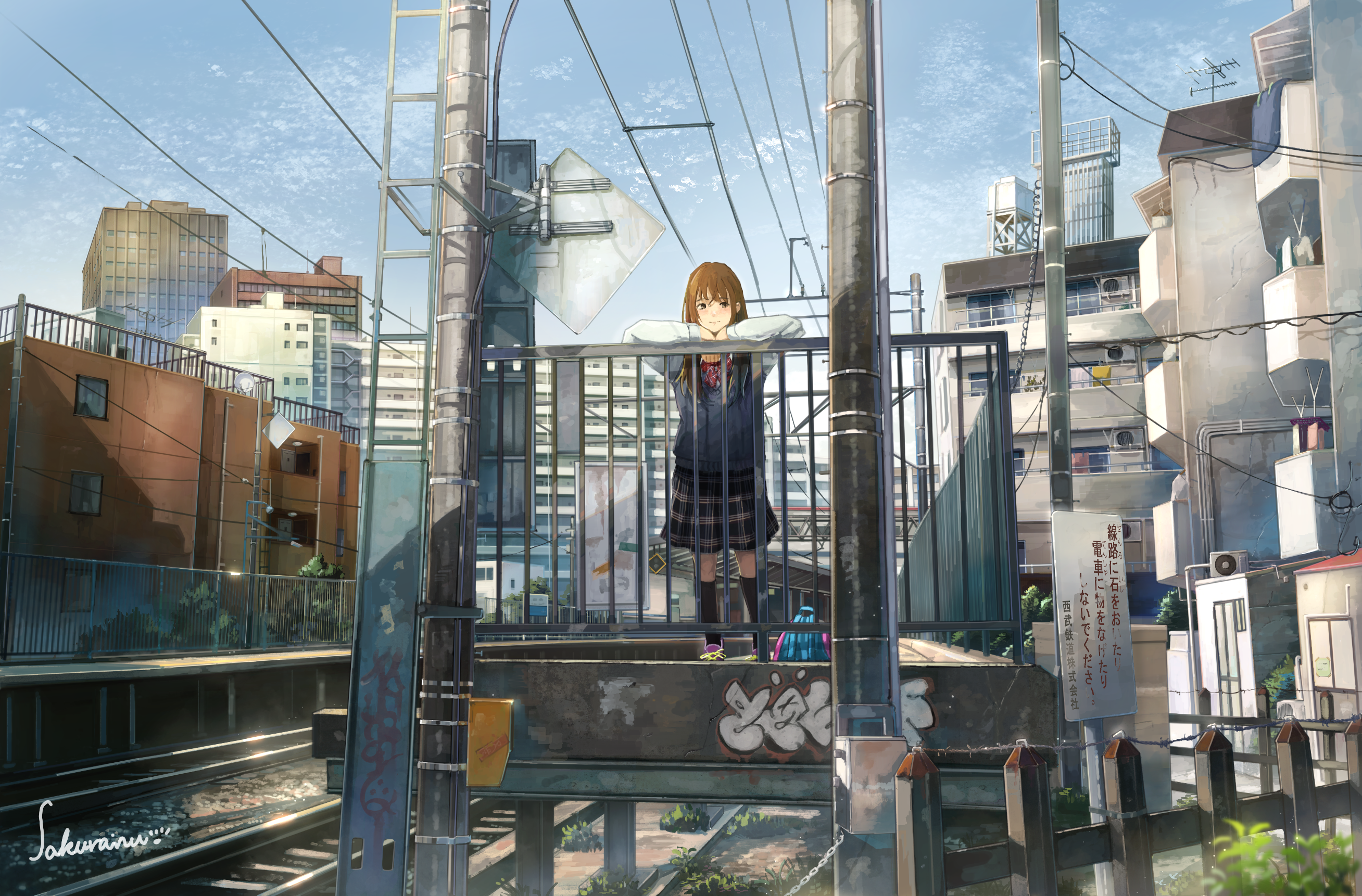 Anime Girls Original Characters Schoolgirl Anime Nostalgia Train Station Railway Building Sky School 2616x1722