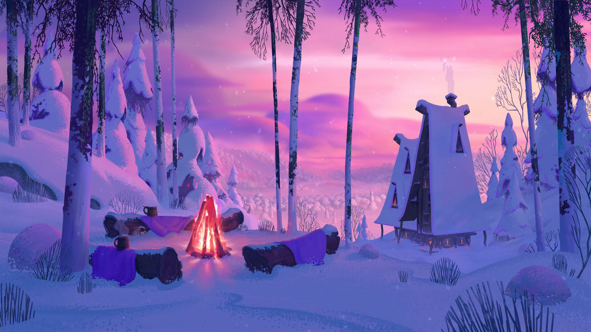 Gavin ODonnell Digital Art Snow Campfire Cabin Forest Mug 1920x1080