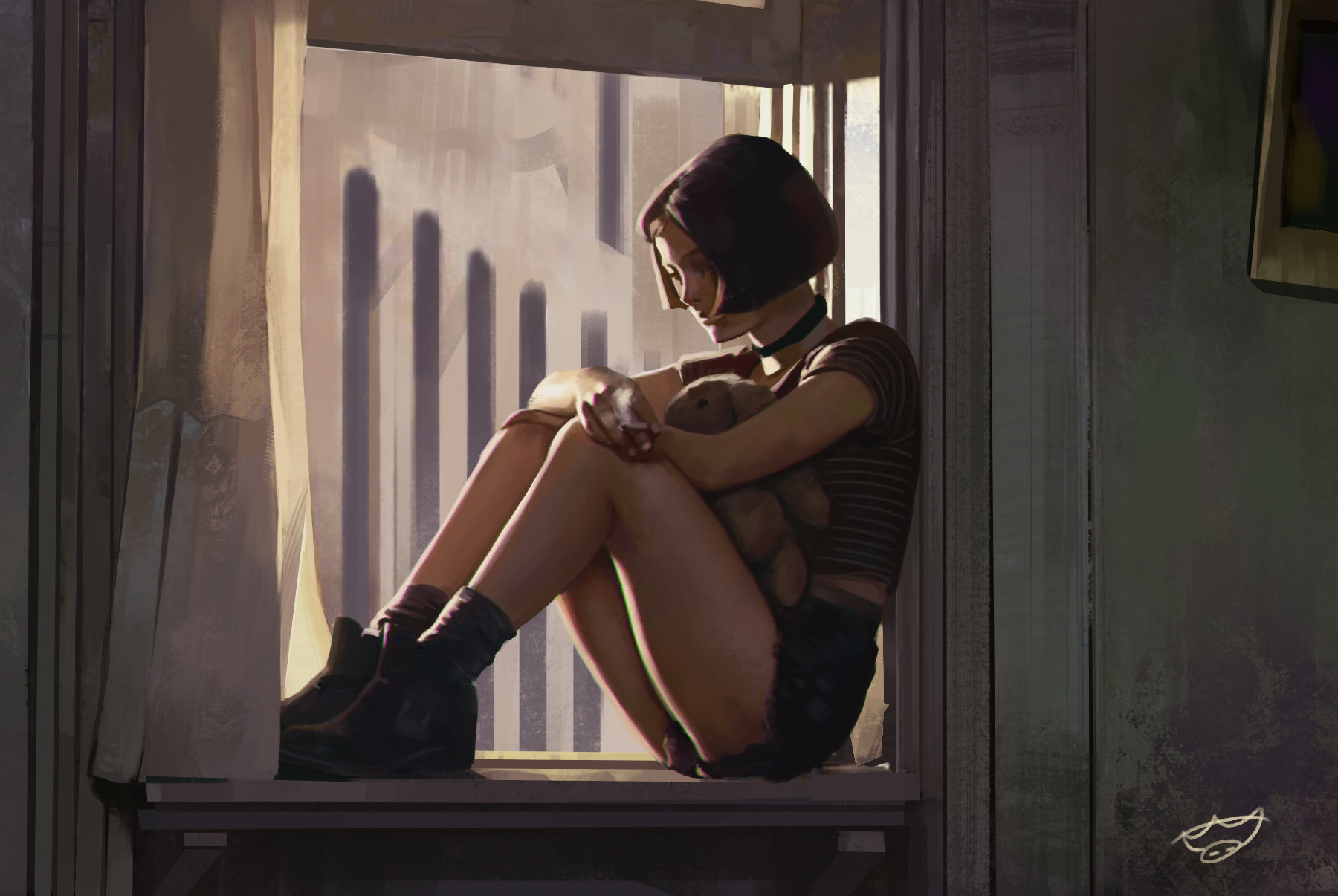 Sloth Being Artist Sitting Legs Together Teddy Bears Cigarettes Choker Short Hair By The Window T Sh 1800x1206