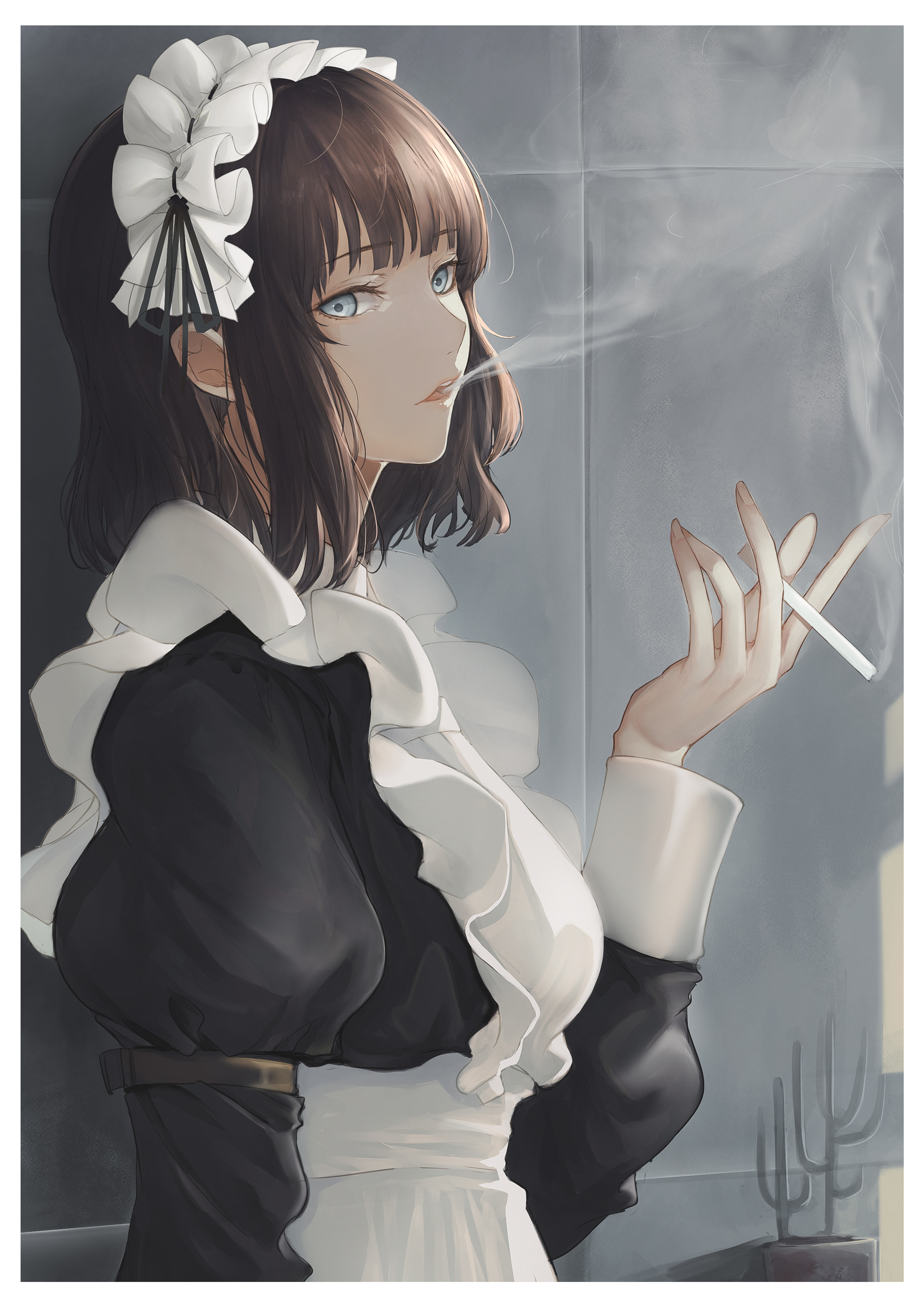 Anime Anime Girls Digital Art Artwork 2D Portrait Display Vertical Smoking Cigarettes Maid Maid Outf 2026x2865